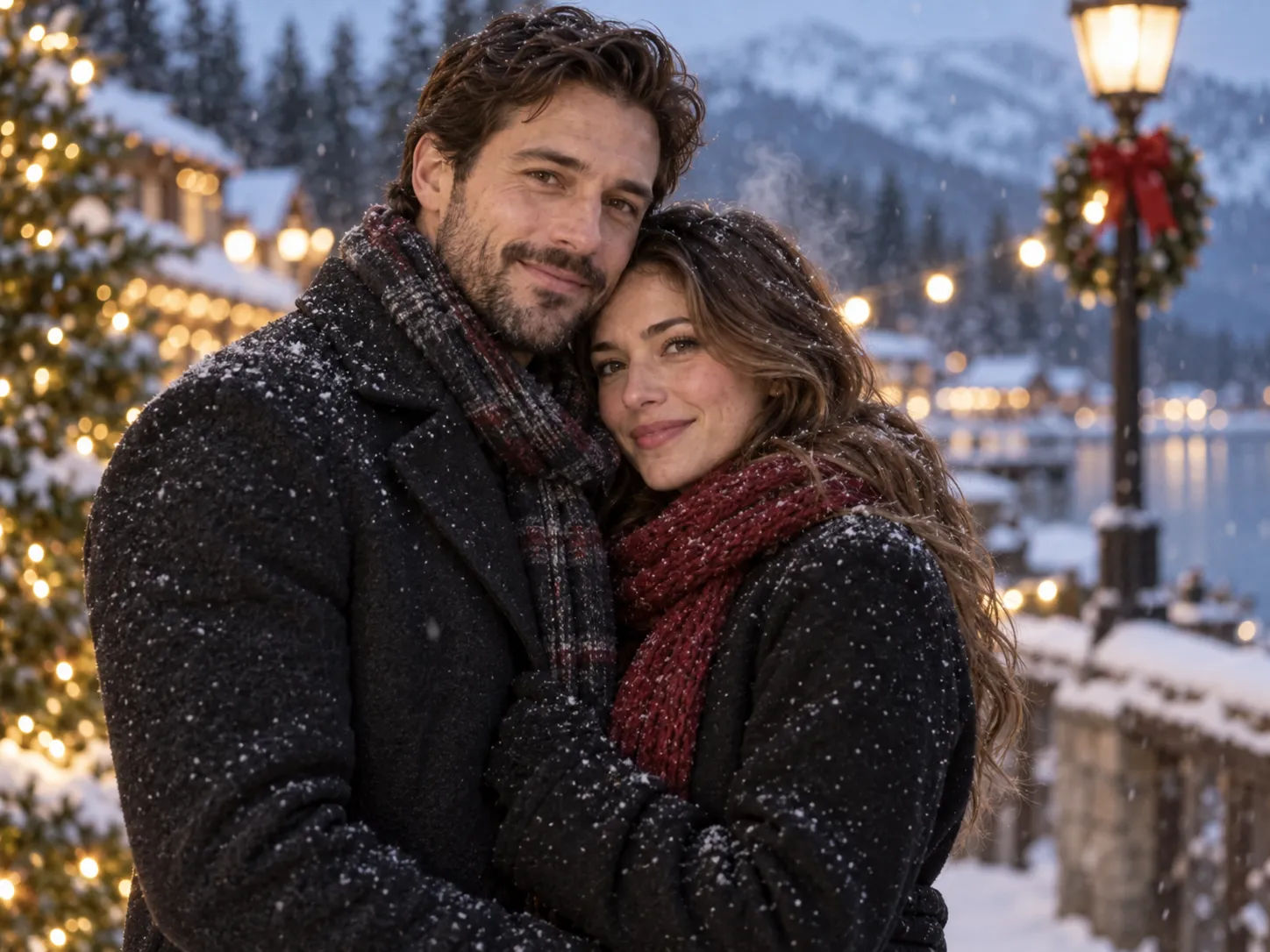 Christmas couple portrait standing in light snowfall