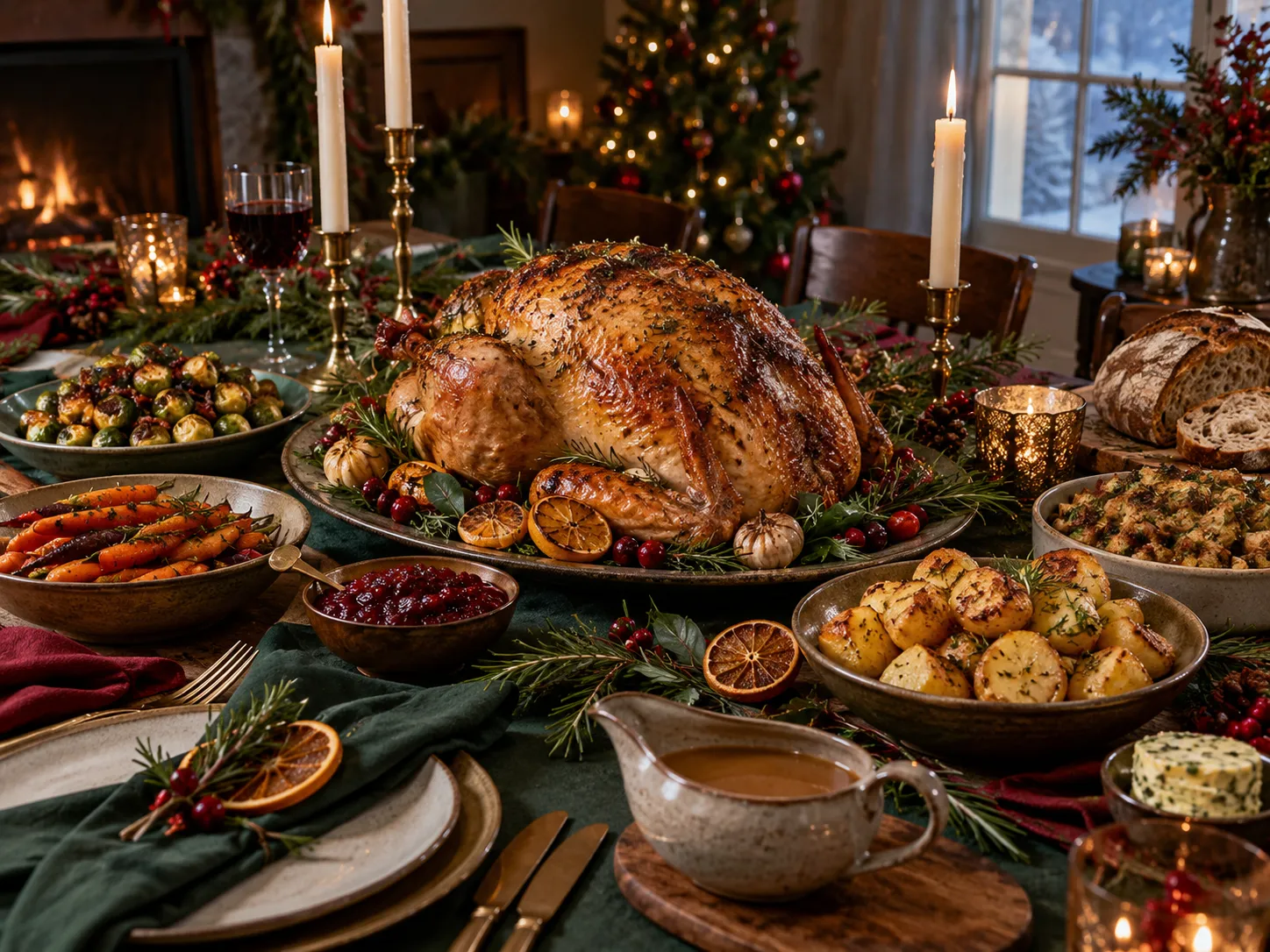 Festive Christmas dinner table with candles and seasonal dishes