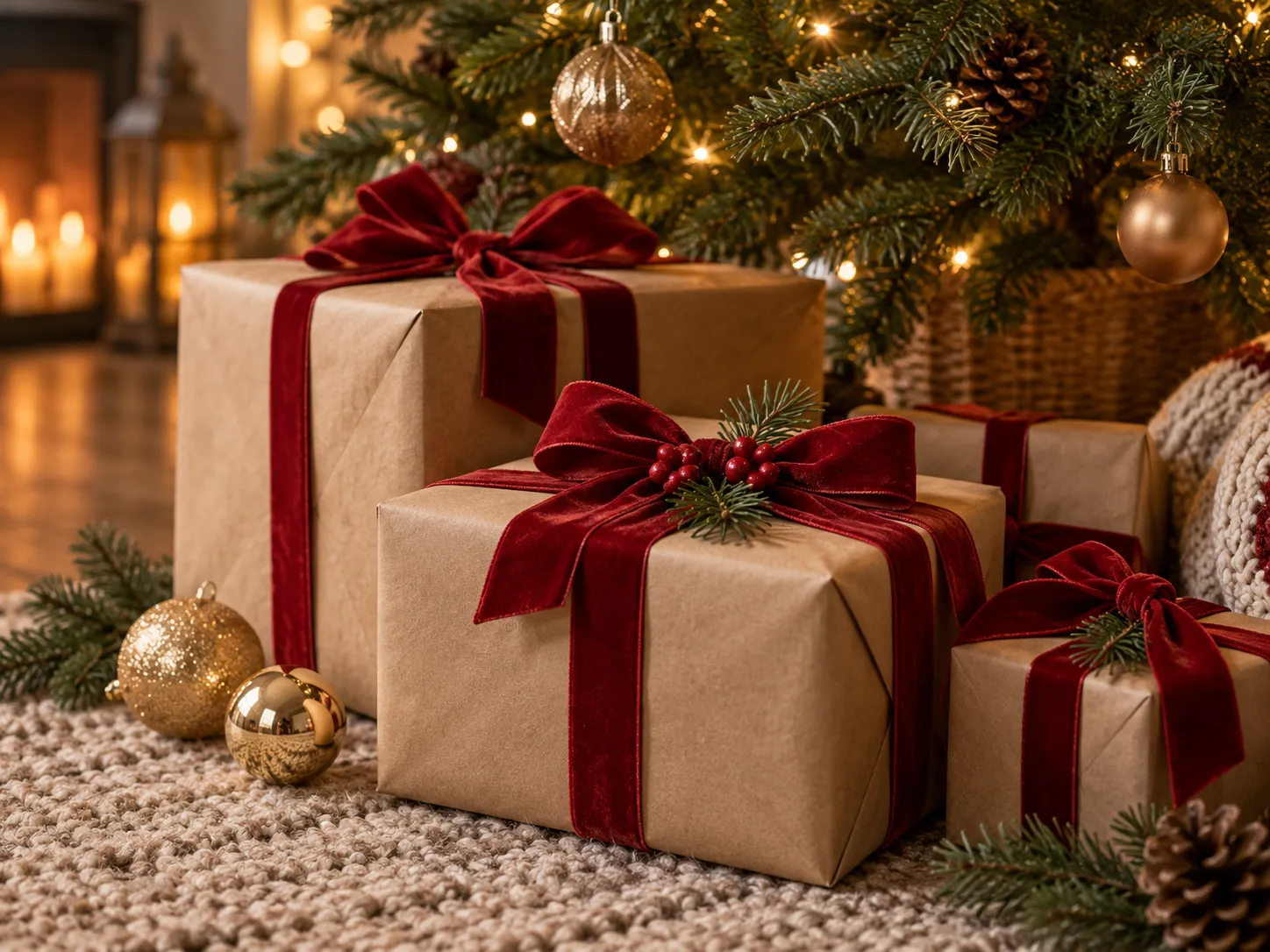 Wrapped Christmas gifts with ribbon arranged under a tree