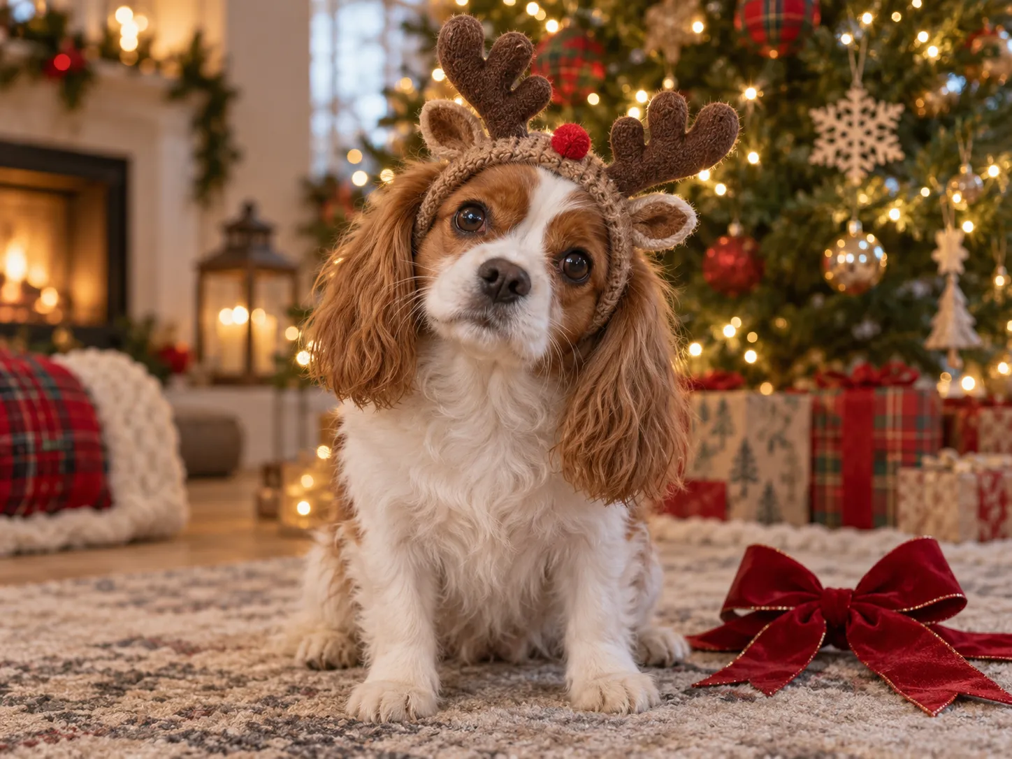 Small dog in a reindeer headband beside a Christmas tree