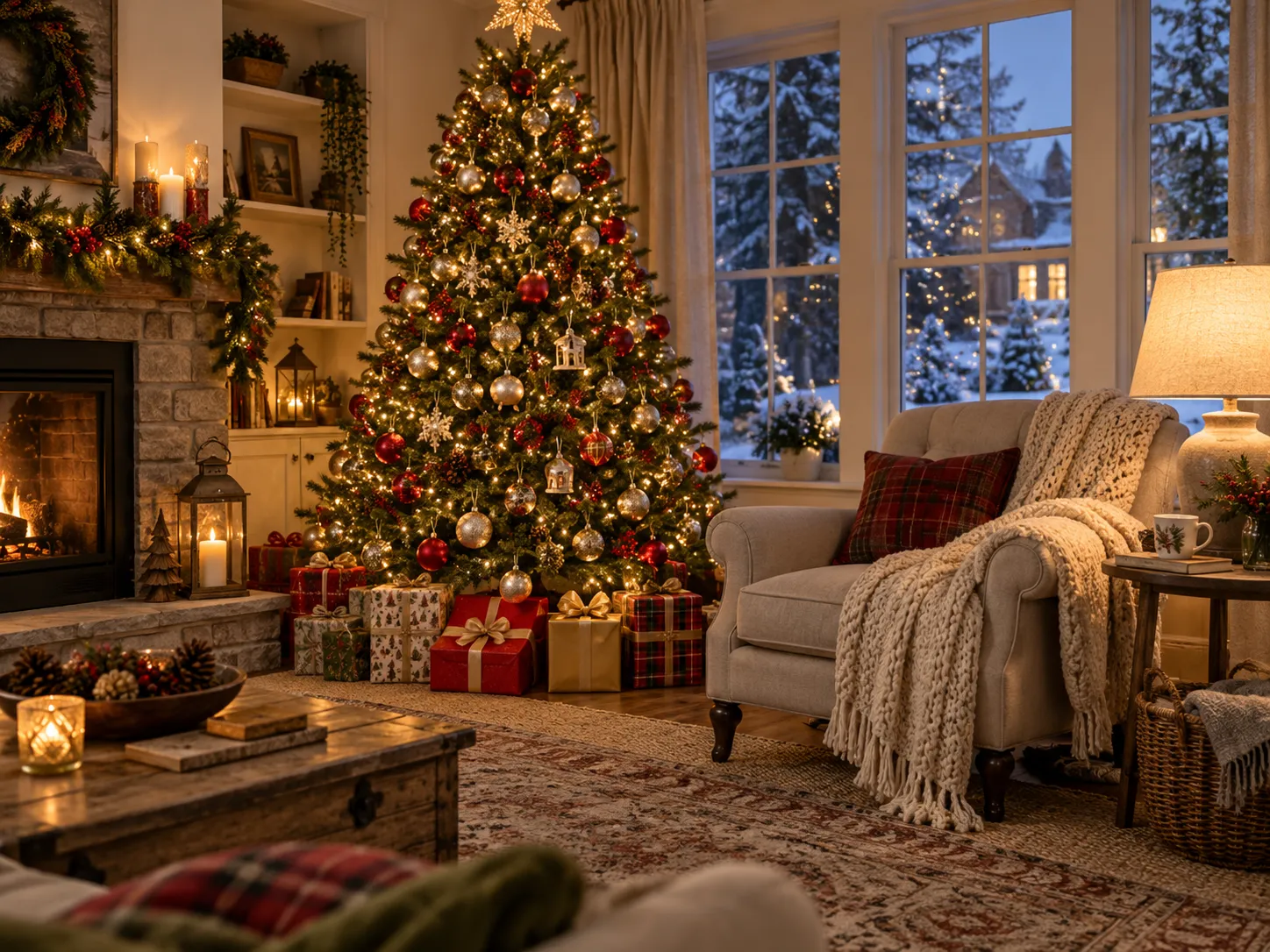 Christmas tree and decorated living room in warm evening light