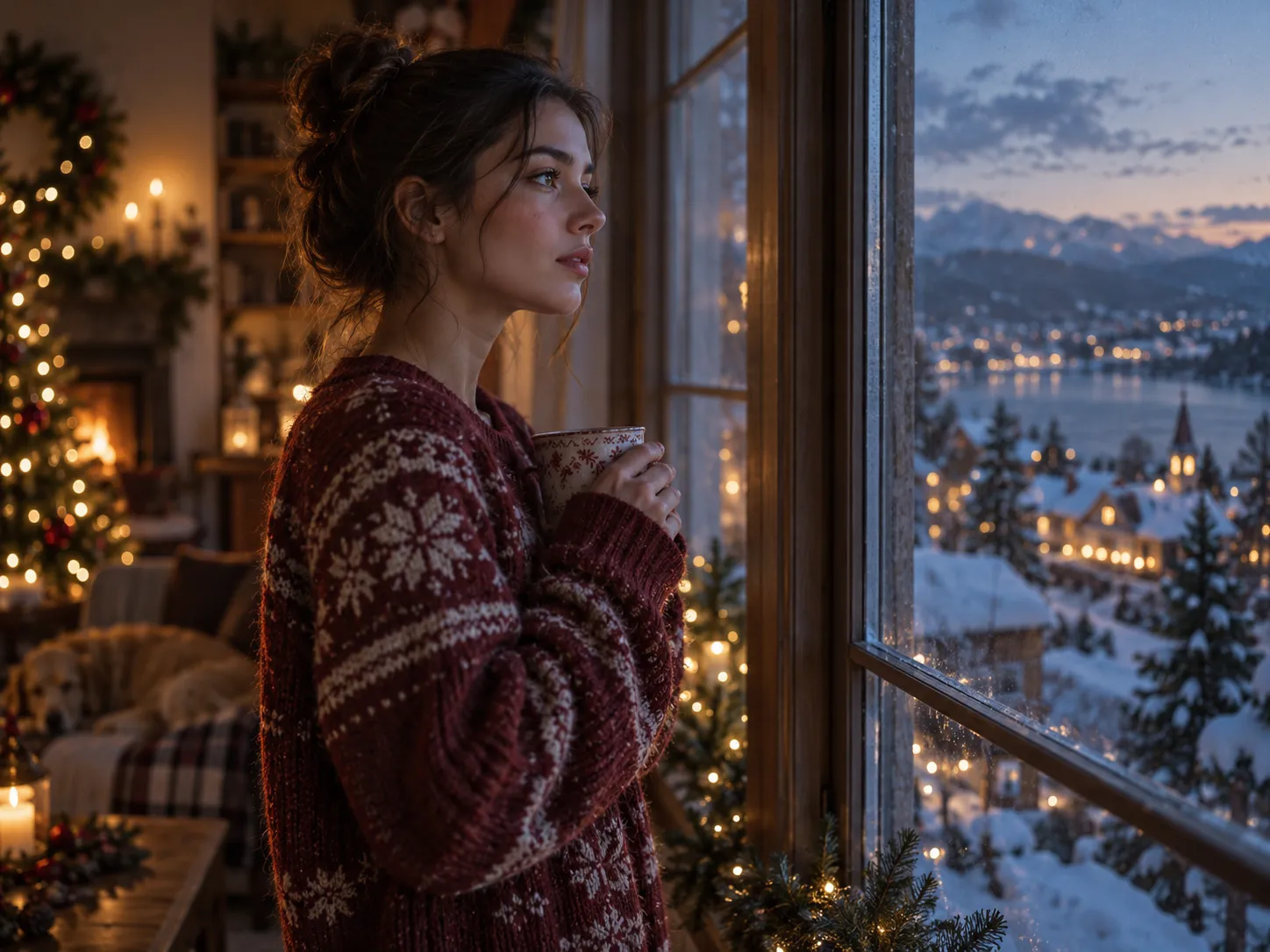 Cinematic Christmas portrait lit by string lights and cool window light