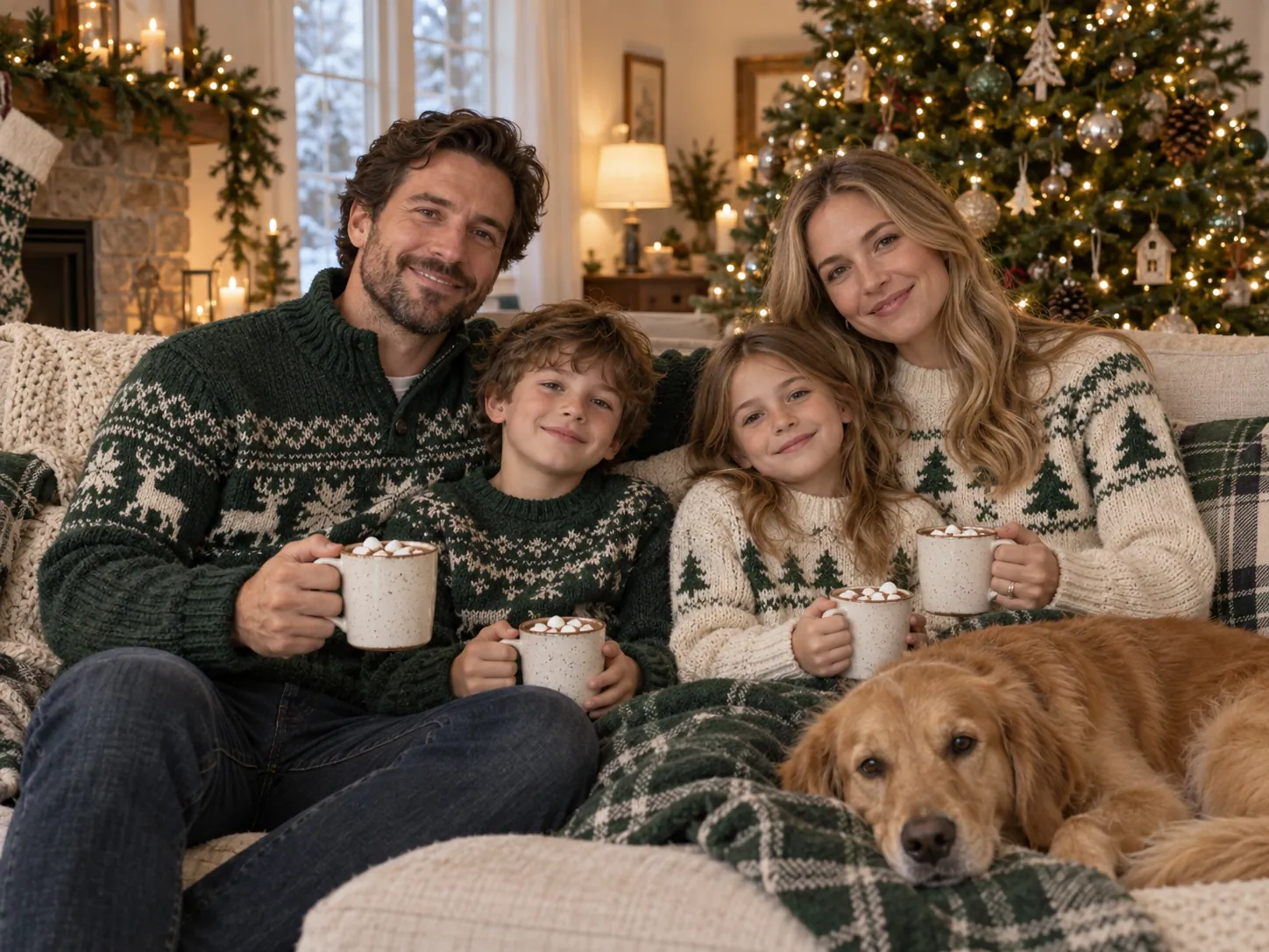 Cozy Christmas family portrait in a softly lit living room