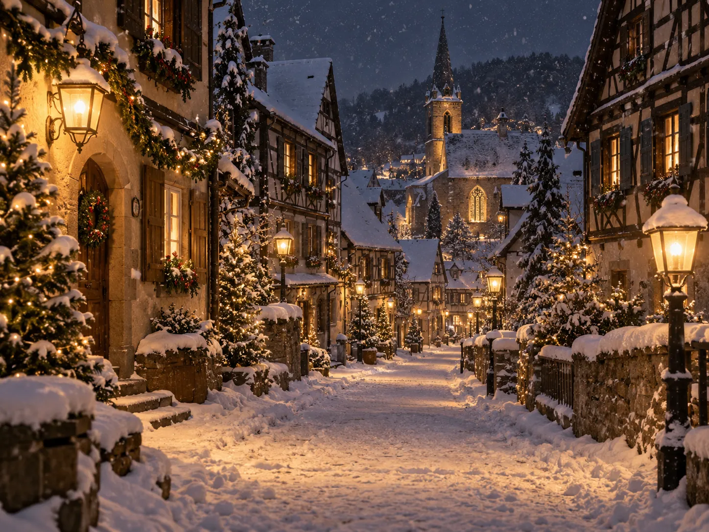 Snowy Christmas village street at night with lantern light