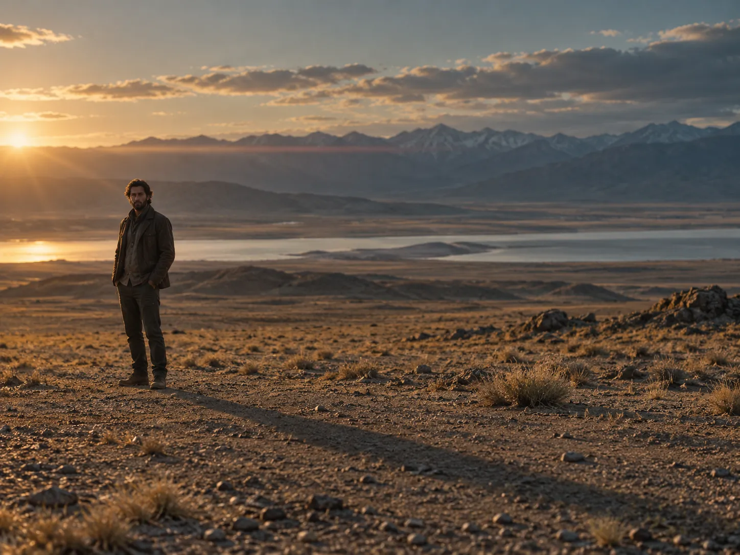 Cinematic wide outdoor portrait in a dry landscape