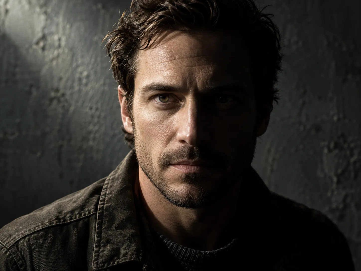 Dramatic cinematic portrait with hard side light and deep shadow
