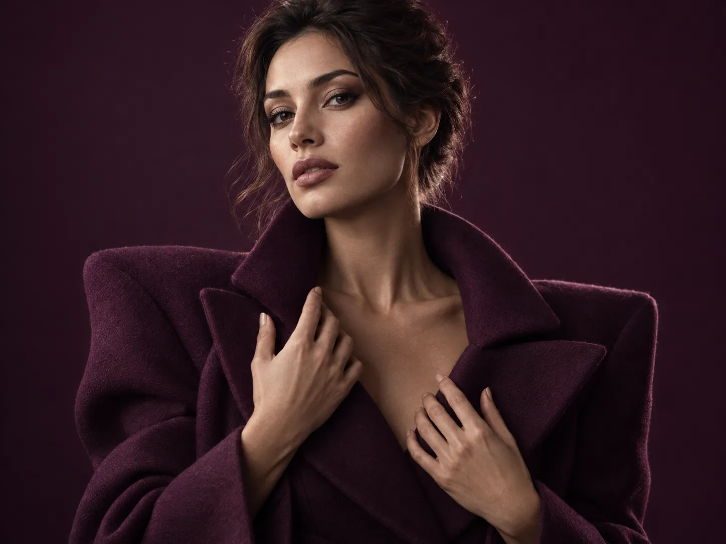 Editorial cinematic portrait in a sculptural coat