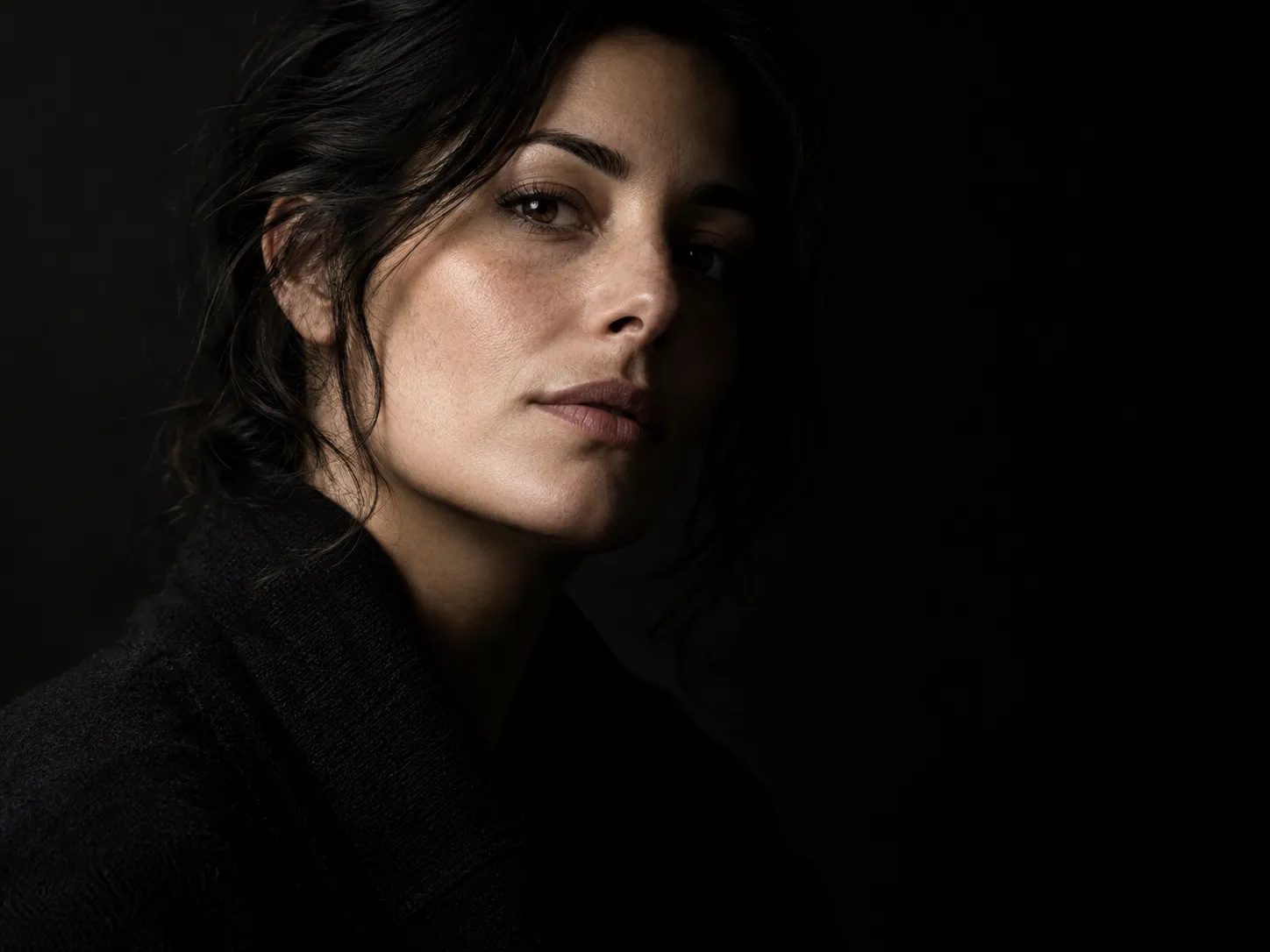 Low-key studio portrait lit on one side against black