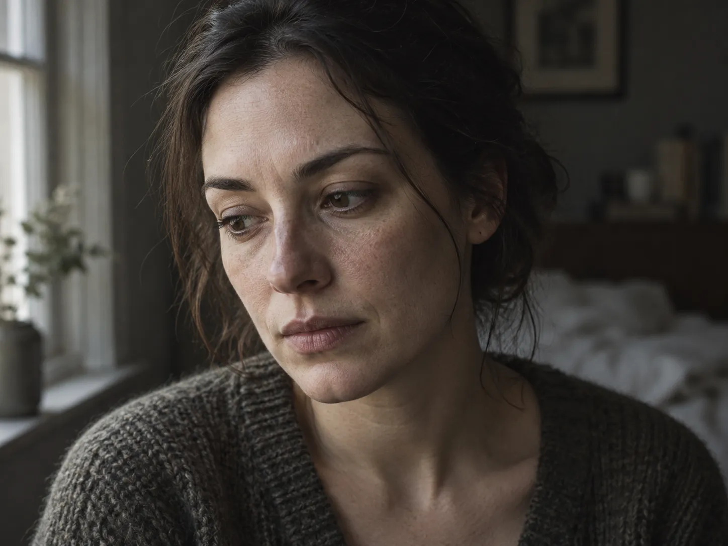 Moody close-up portrait in dim window light