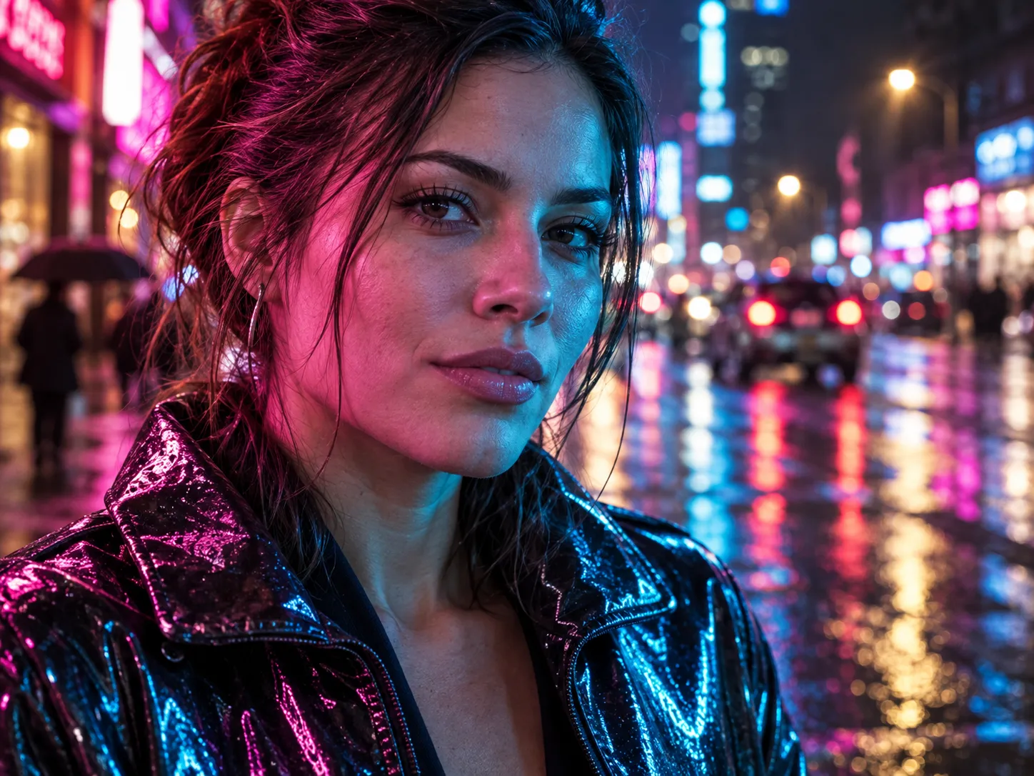 Night portrait lit by magenta and cyan neon signs