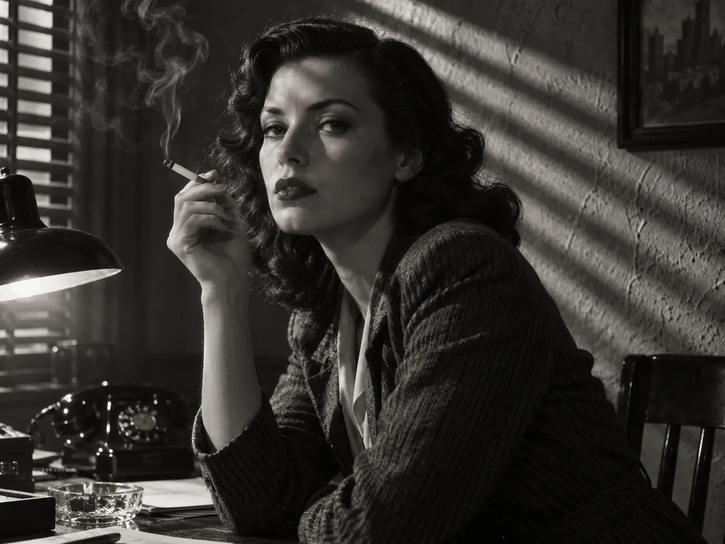 Noir black and white portrait with blind shadows across the face