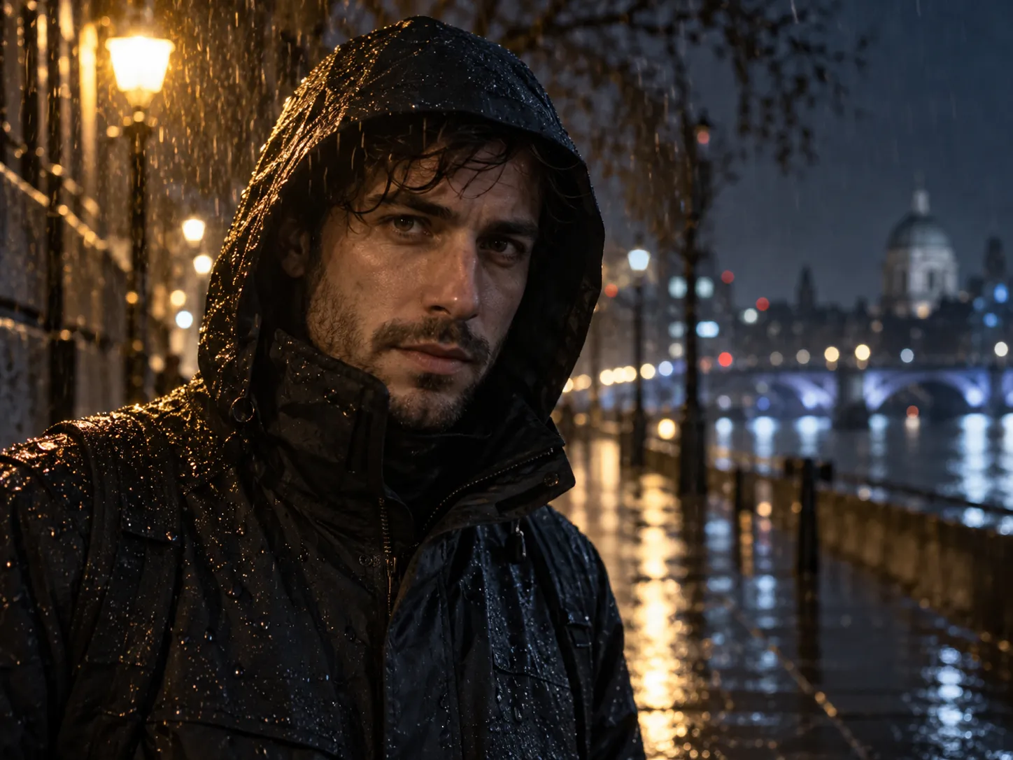Rainy night portrait under a street lamp with lit raindrops