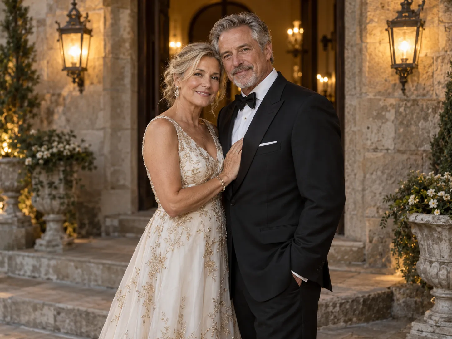 Elegant anniversary couple portrait outside an old stone building