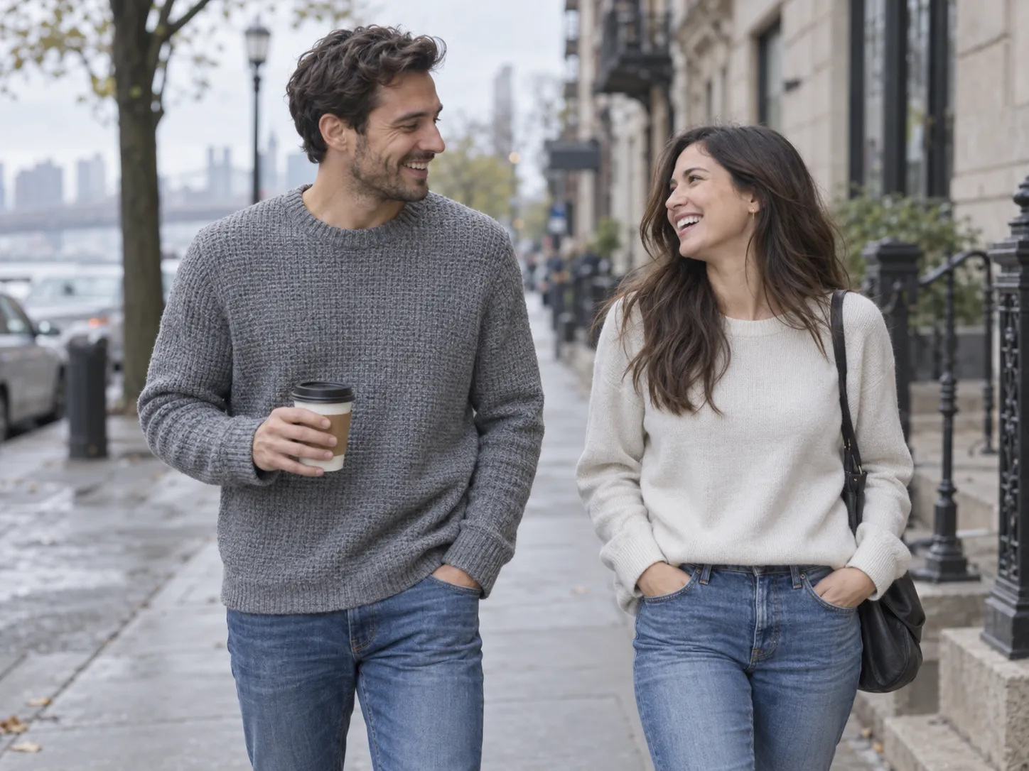 Casual couple photo on a city sidewalk in daylight
