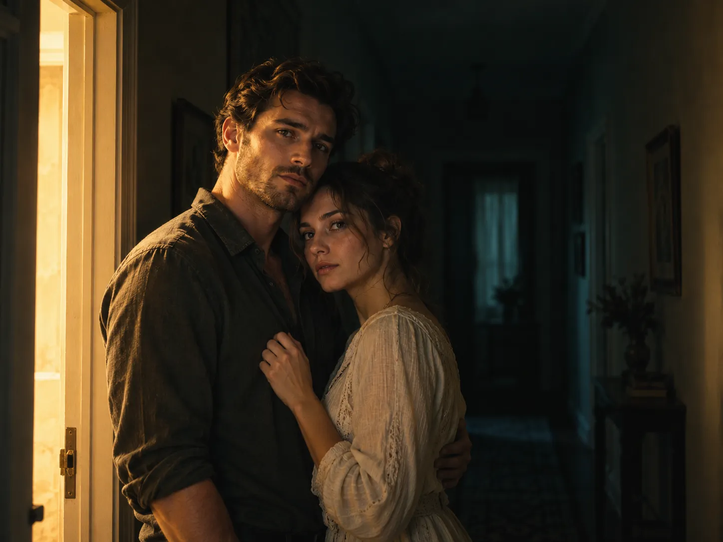 Cinematic couple portrait in a dim hallway with hard side light