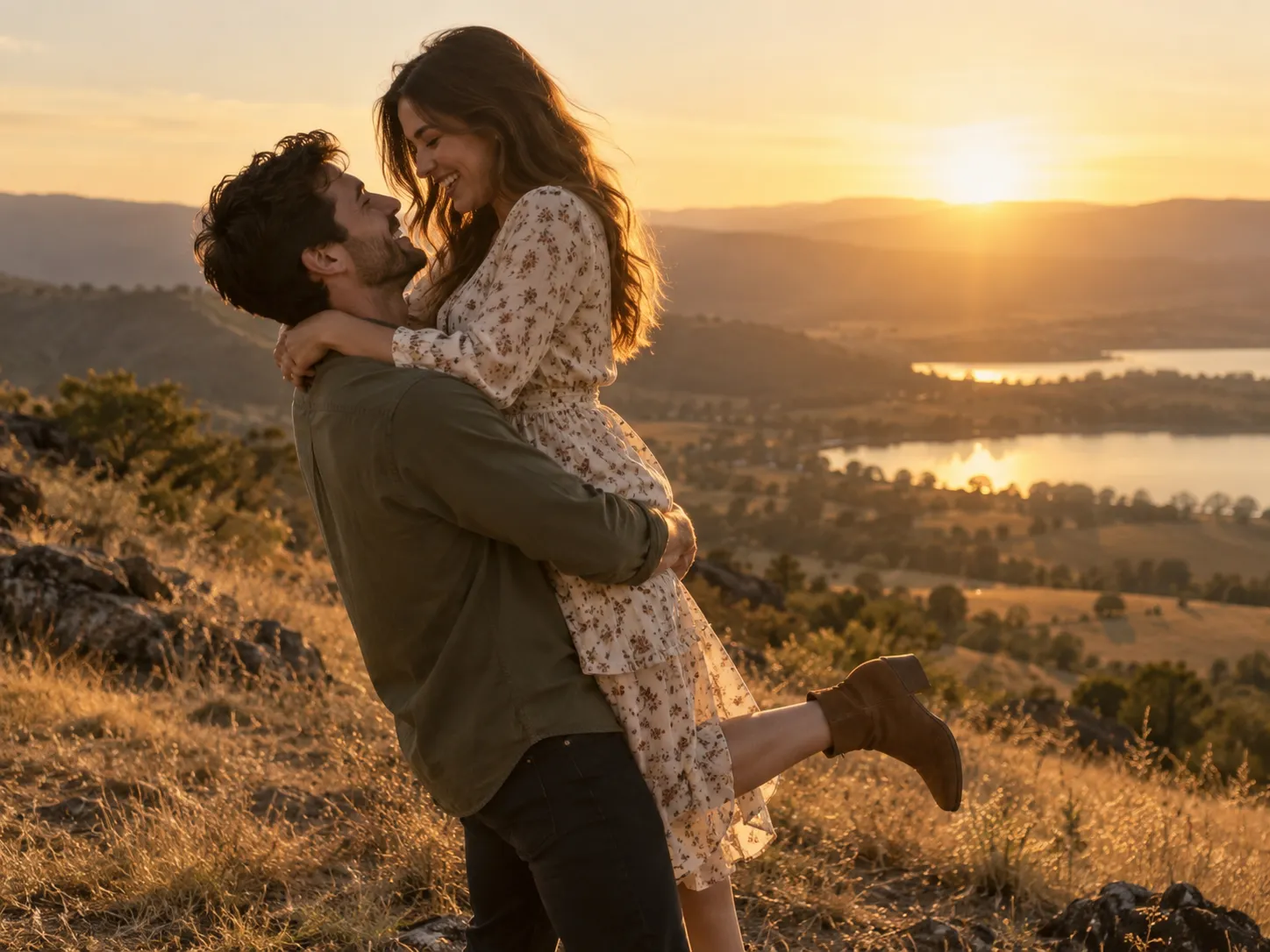 Couple photographed at golden hour on a hilltop with rim light