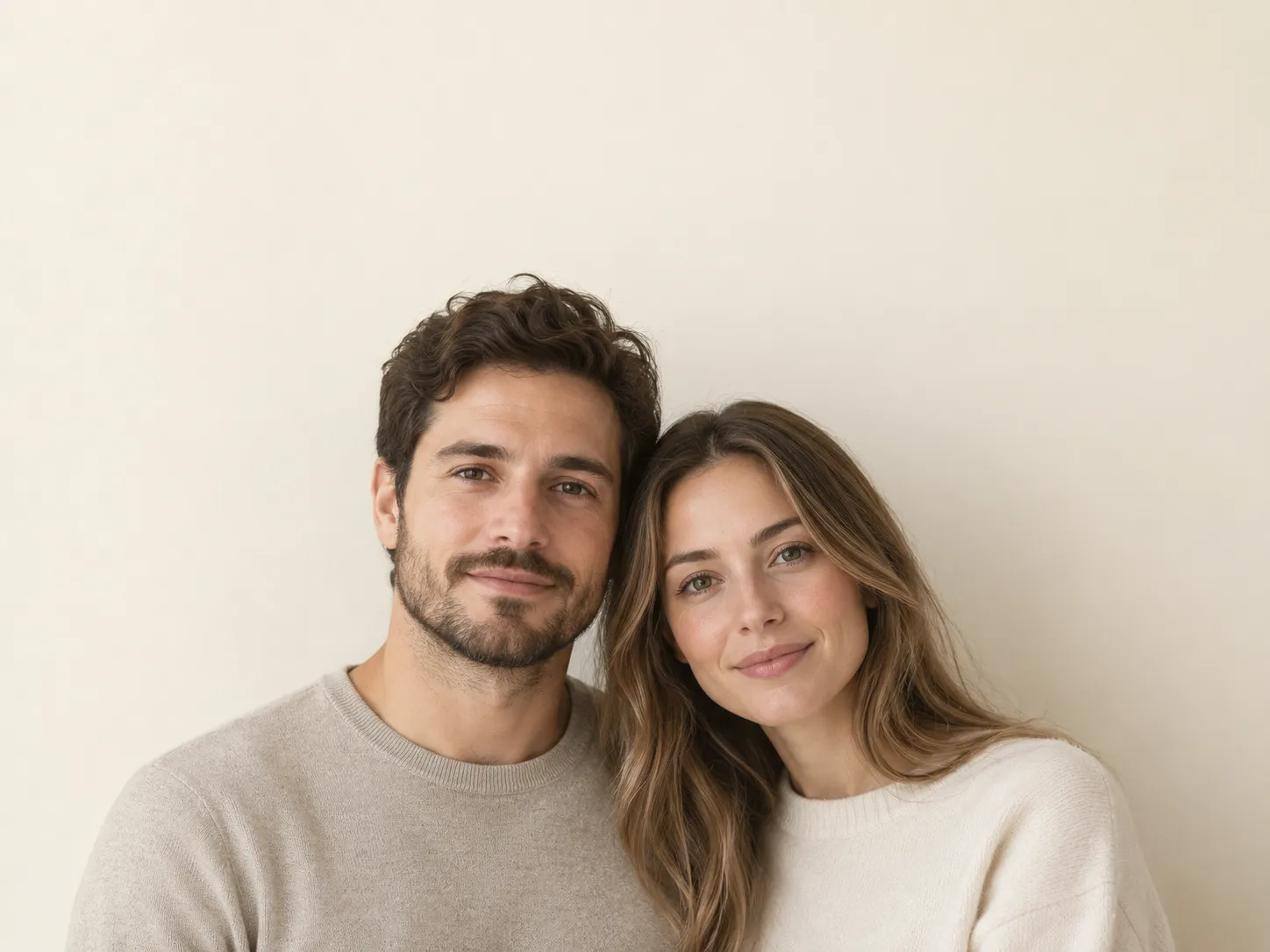 Minimal couple profile photo against a cream wall