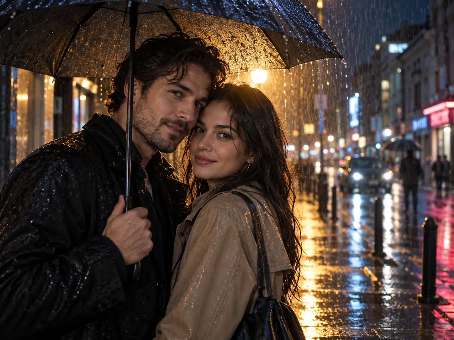 Couple sharing an umbrella on a rainy street at night
