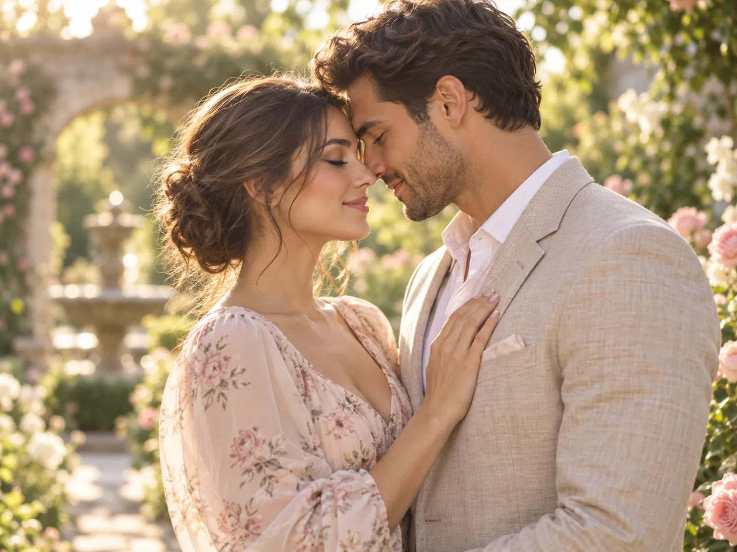 Romantic couple portrait in a sunlit garden with soft light