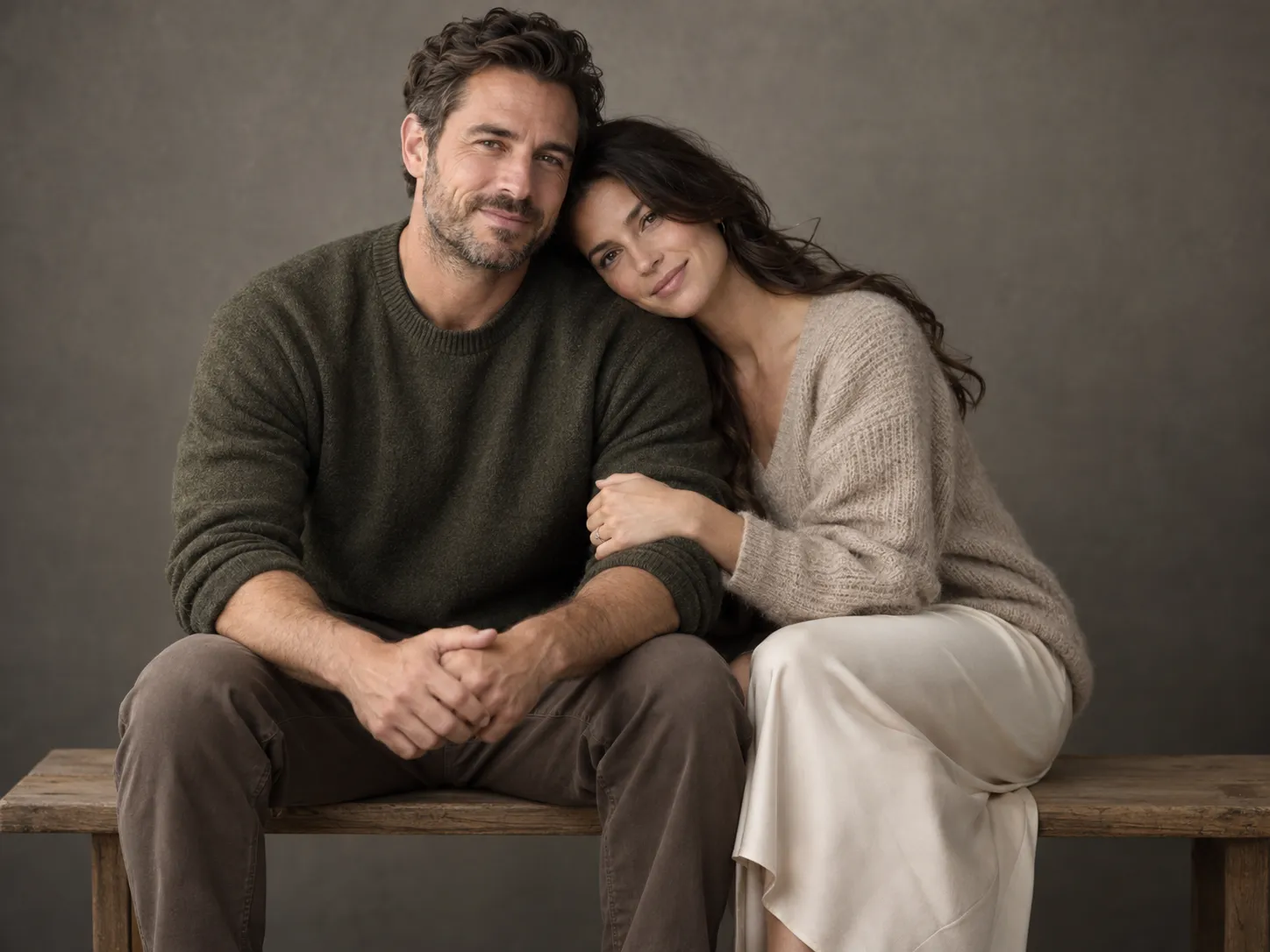 Studio couple portrait on a grey backdrop with softbox lighting