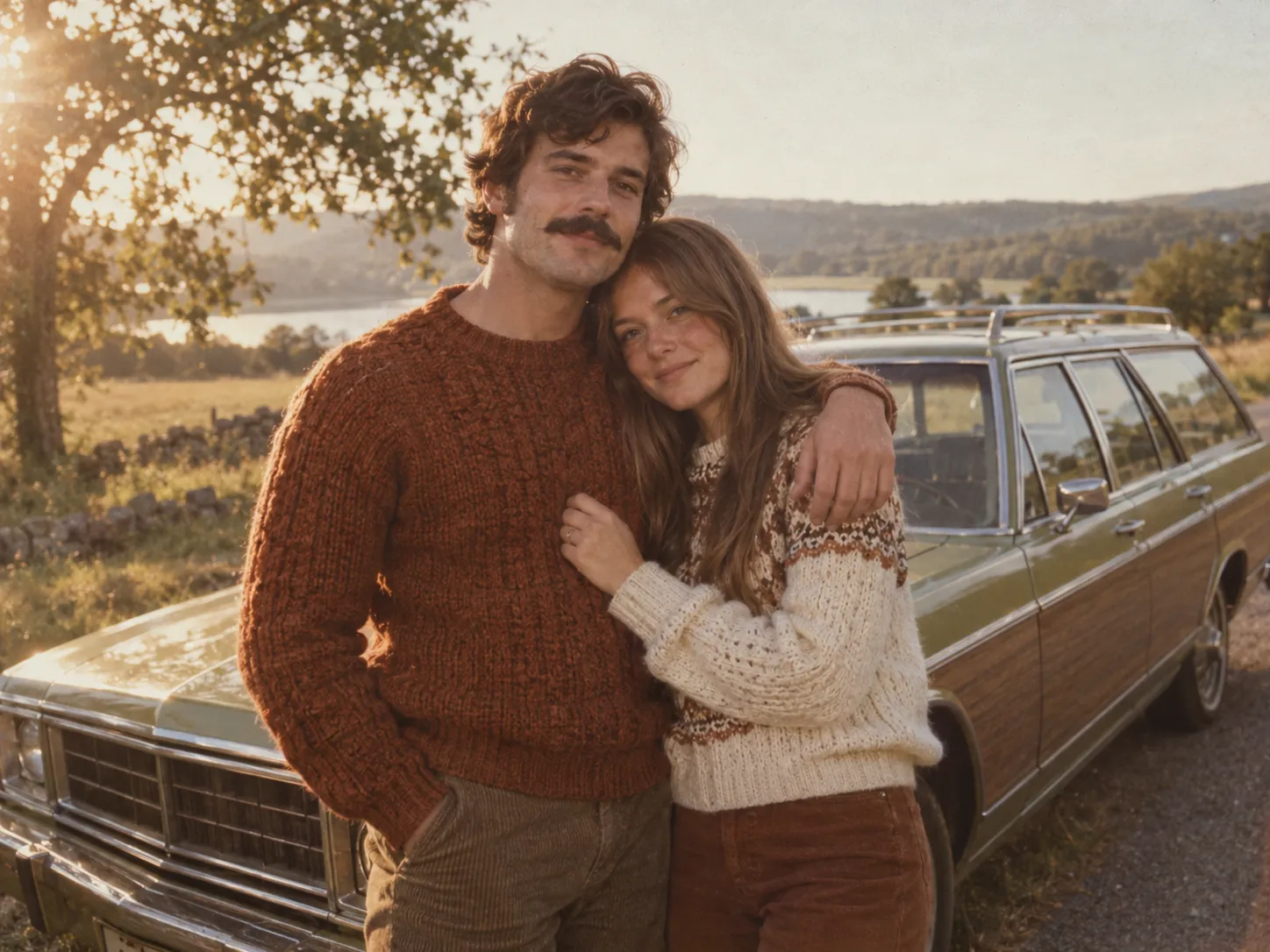 Vintage film-style couple photo beside a retro car