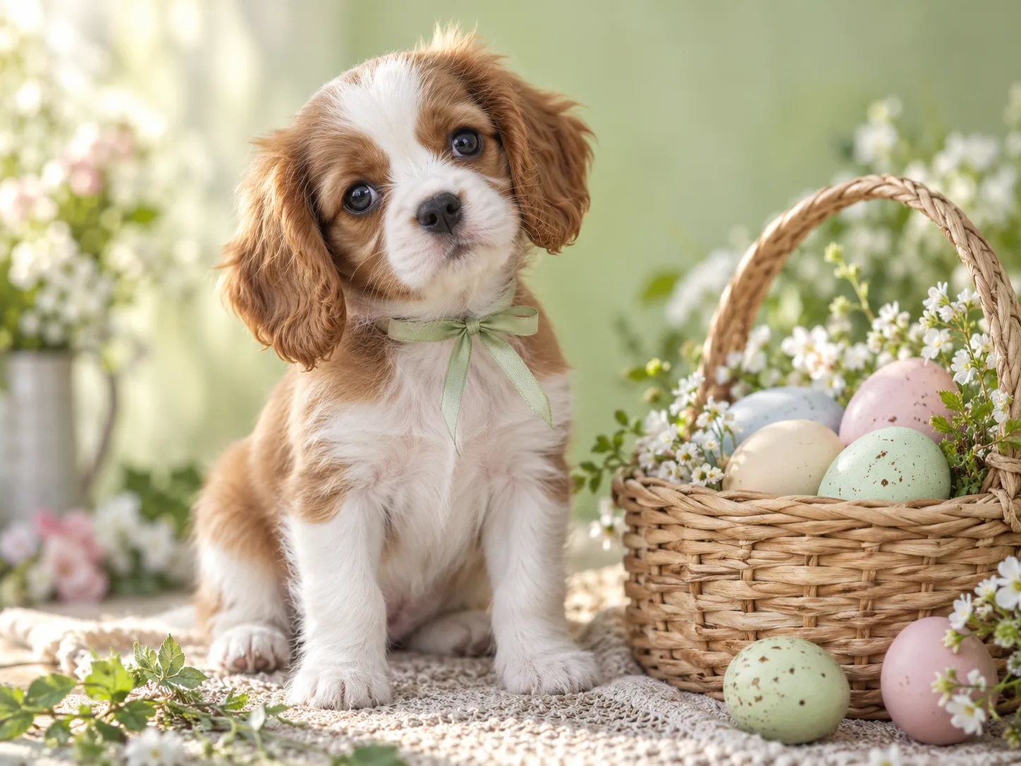 Puppy sitting beside a basket of pastel Easter eggs