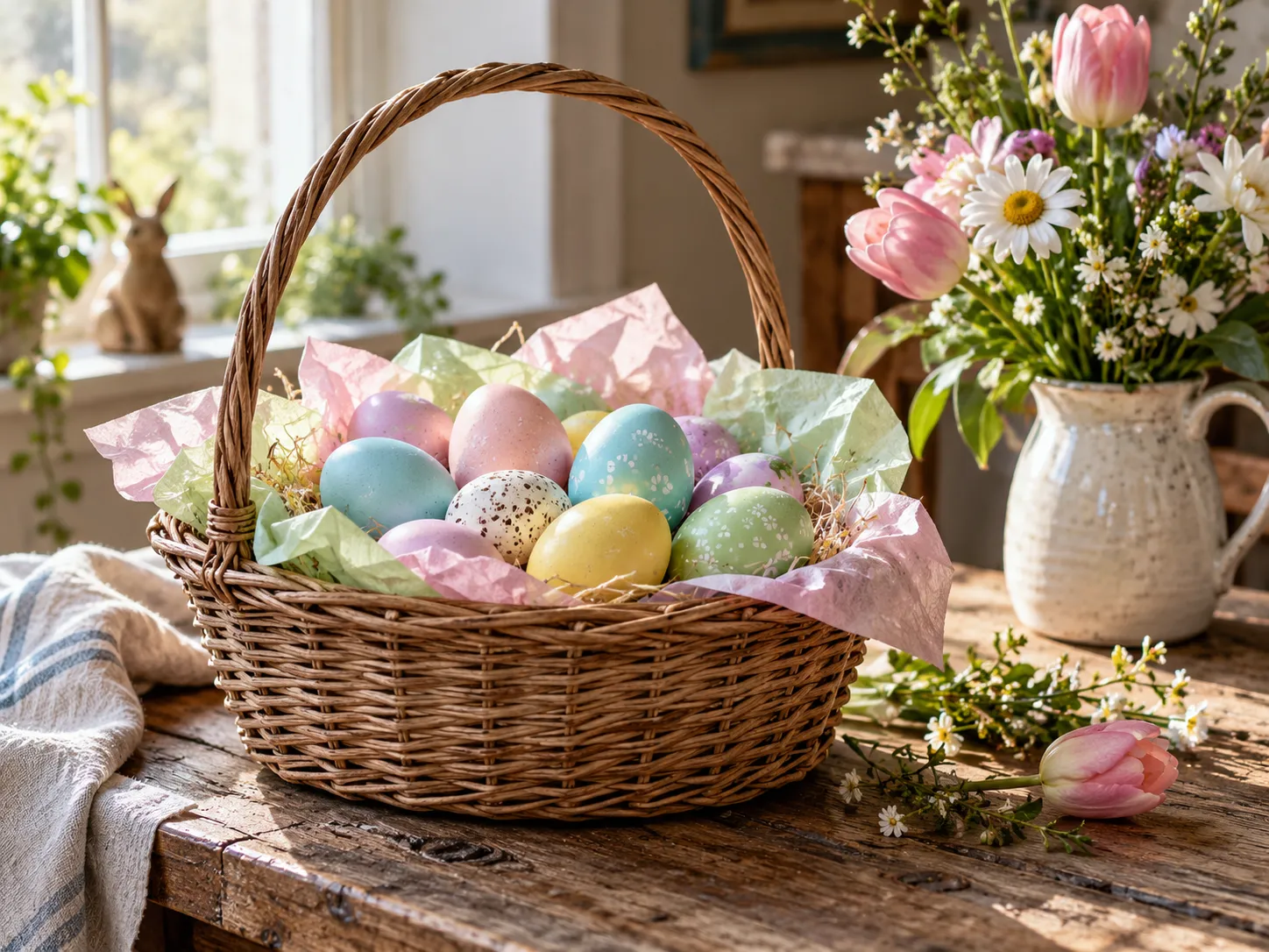 Easter basket with colored eggs on a rustic wooden table