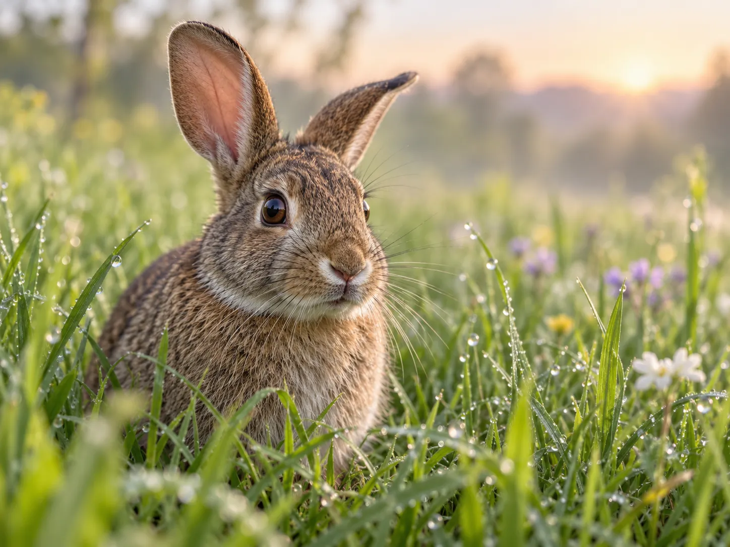 Close portrait of a brown rabbit in spring grass