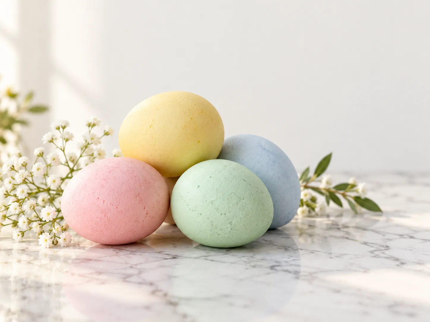 Square Easter social image with pastel eggs on marble