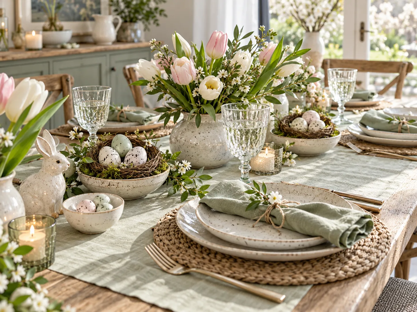 Spring Easter table setting with pastel decor and tulips