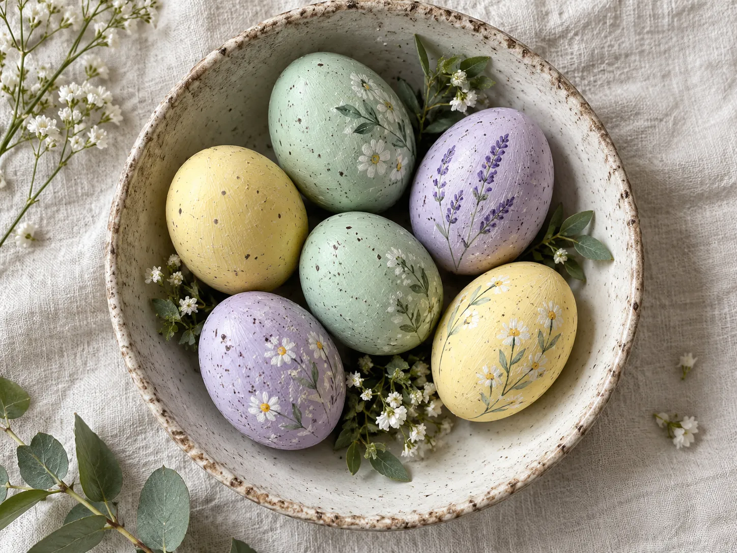 Pastel painted Easter eggs in a ceramic bowl on linen