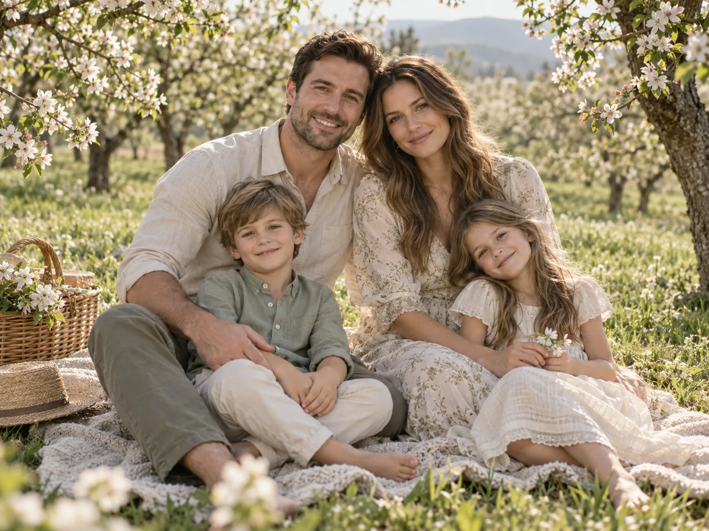 Spring family portrait in a flowering orchard