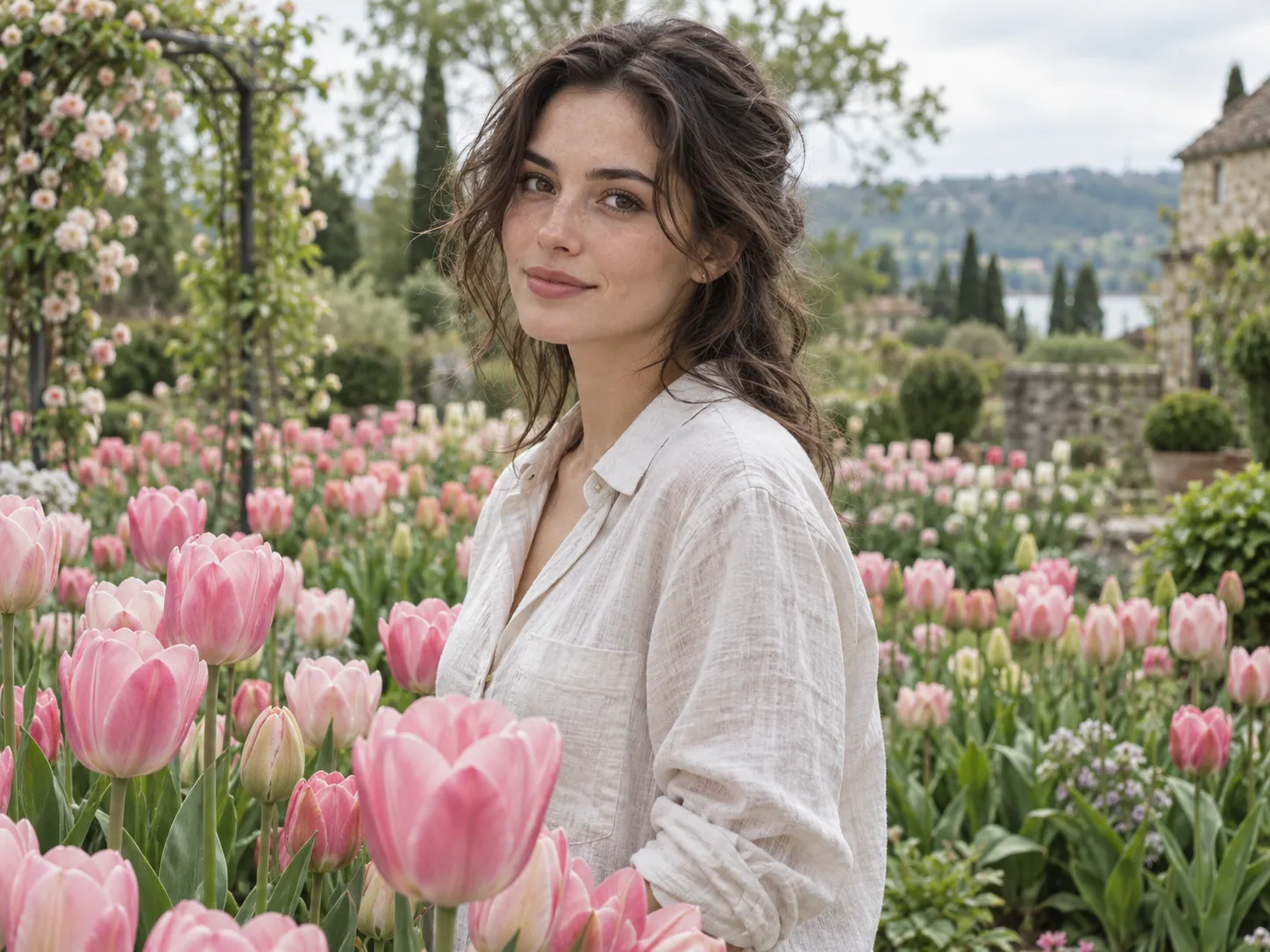 Portrait of a person standing among tulips in a spring garden