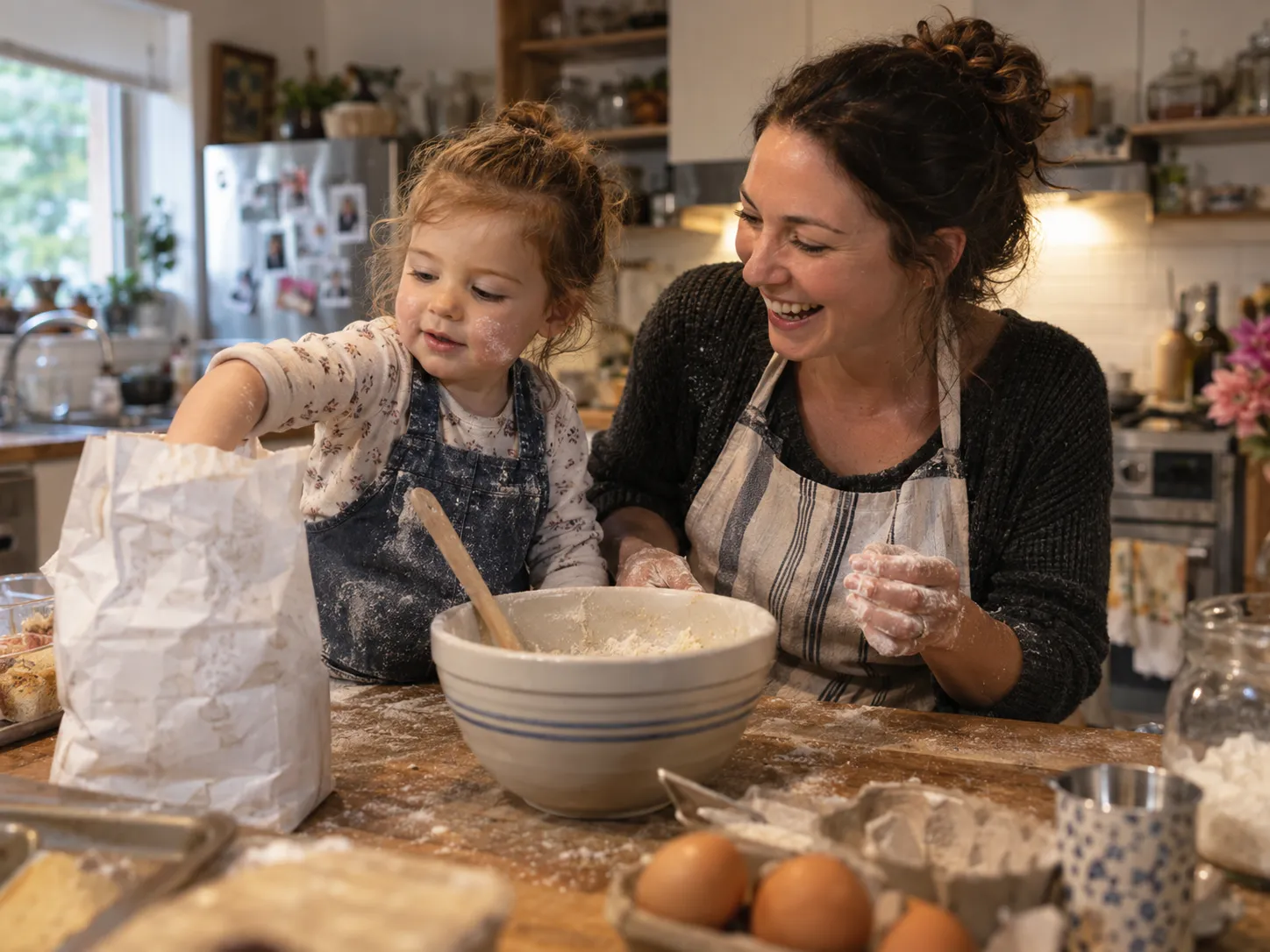 Candid family moment baking together in a kitchen