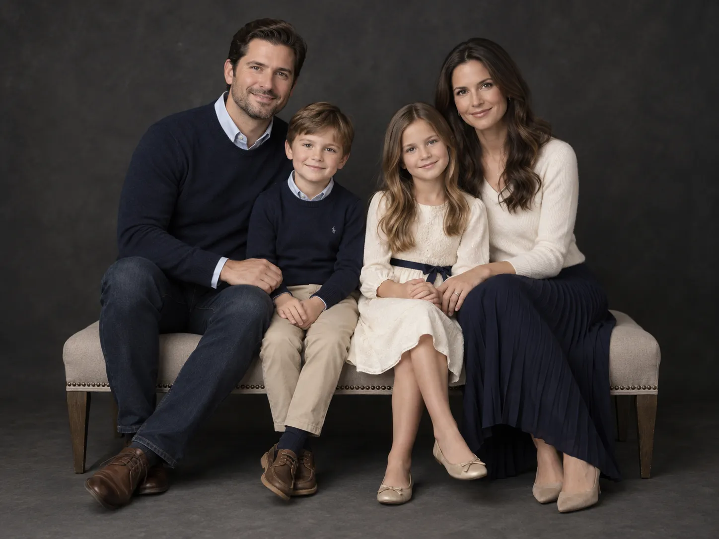 Classic family studio portrait on a charcoal backdrop