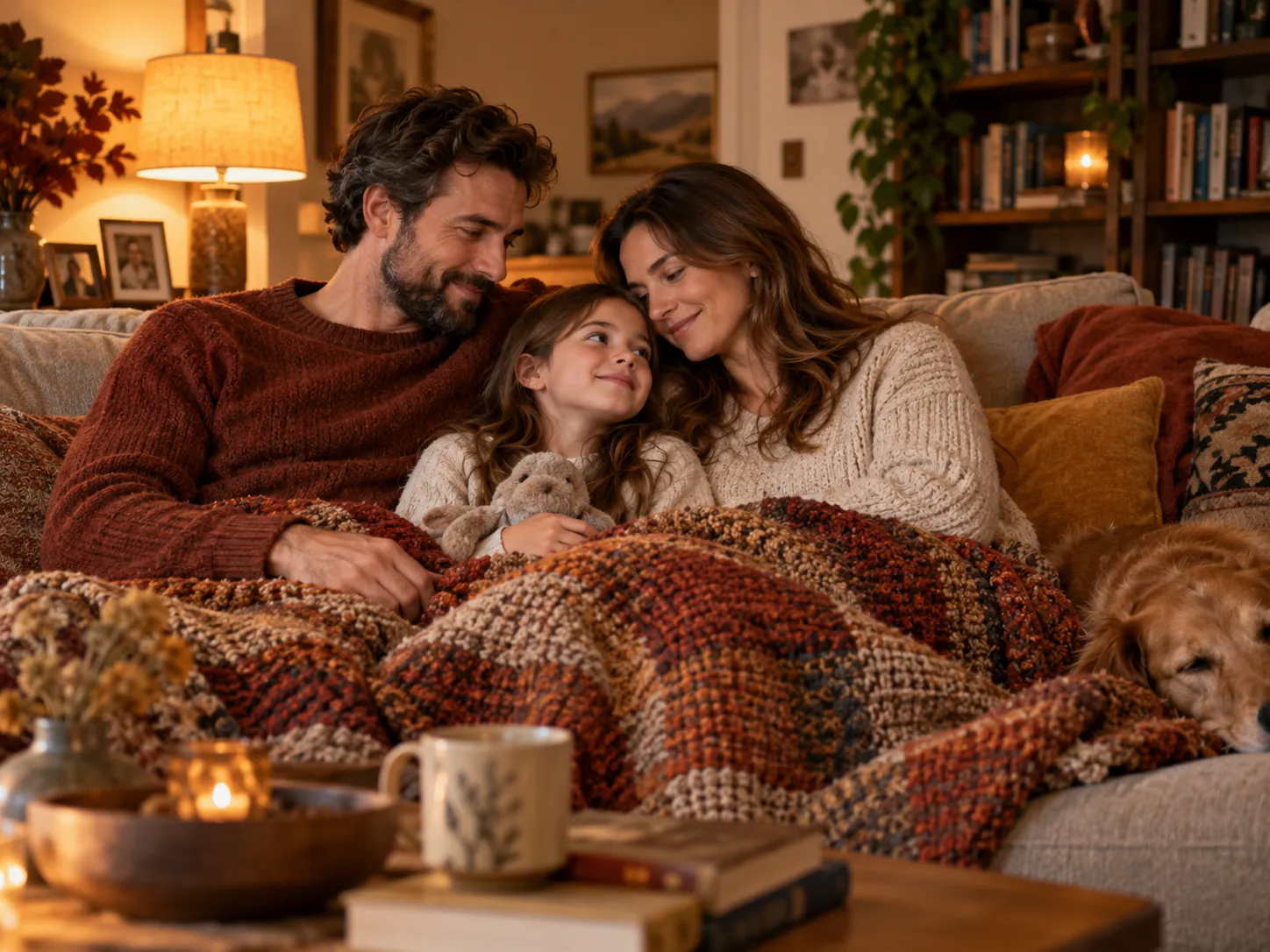 Cozy family photo together on a sofa at home