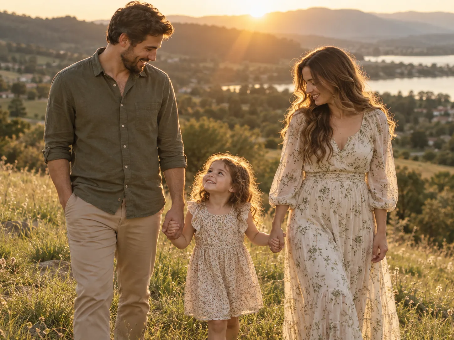 Family portrait at golden hour on a small hill
