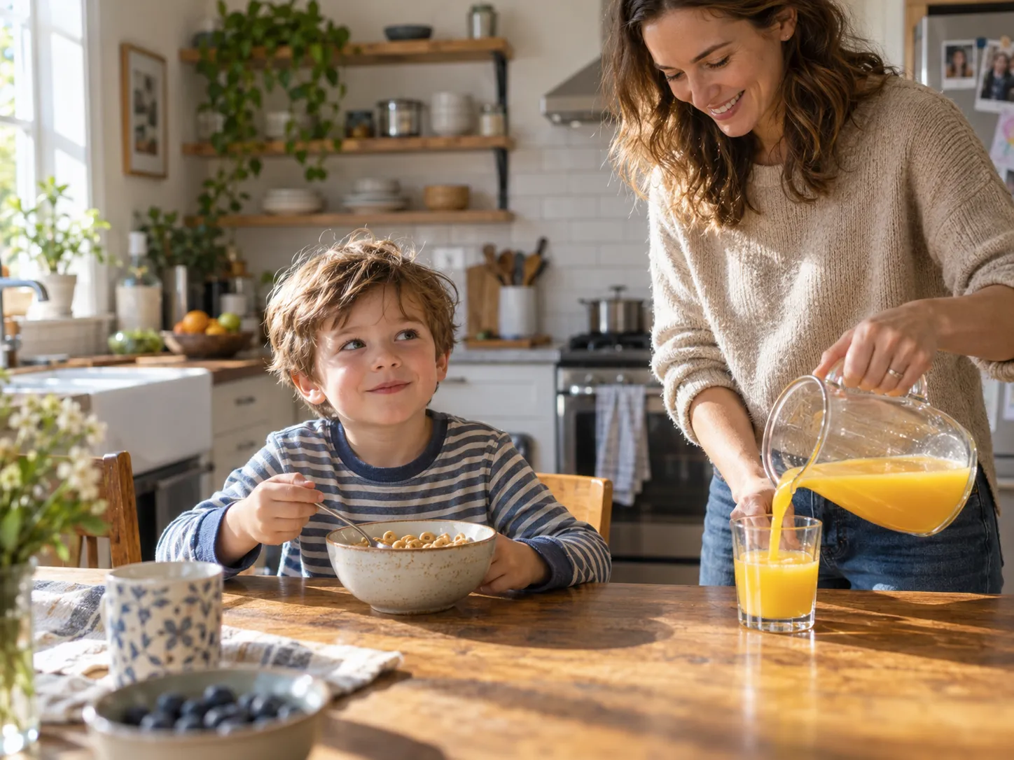 Family having breakfast together in a bright kitchen