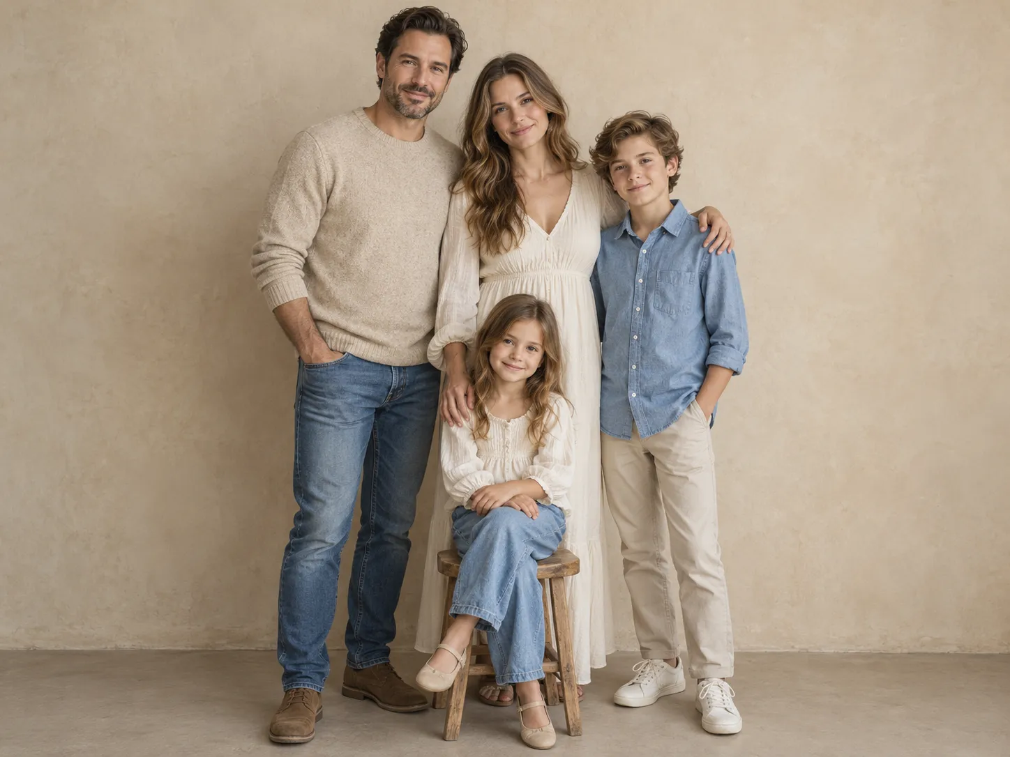 Family portrait with coordinated neutral outfits