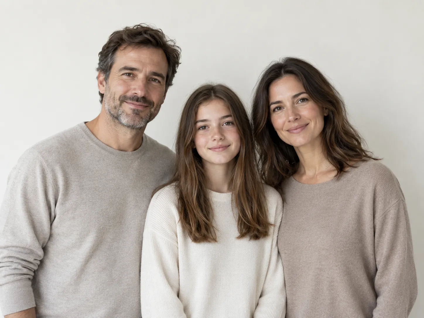 Minimal family portrait against a flat off-white wall