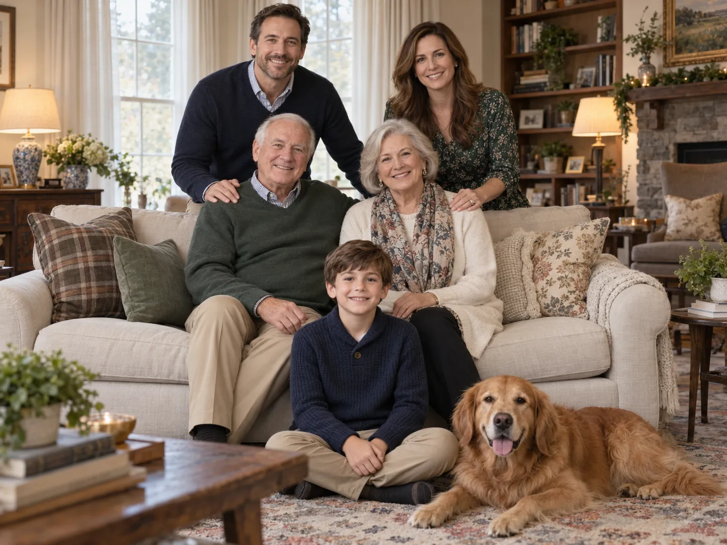 Multi-generation family portrait in a living room