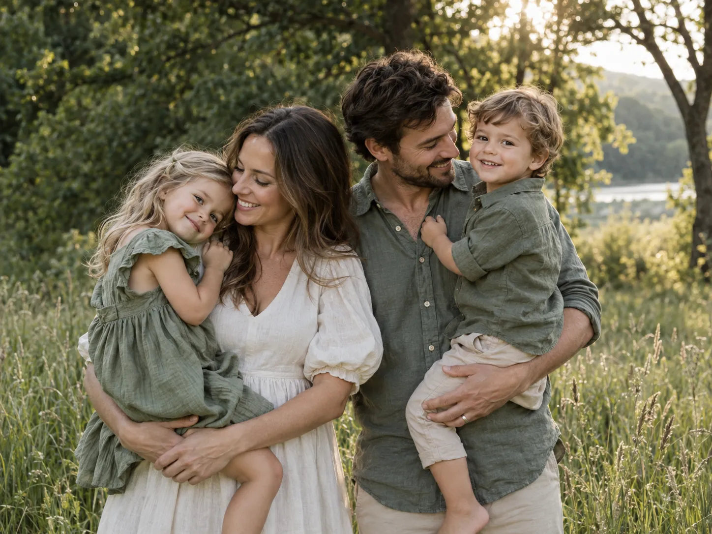 Family photographed outdoors in a green meadow