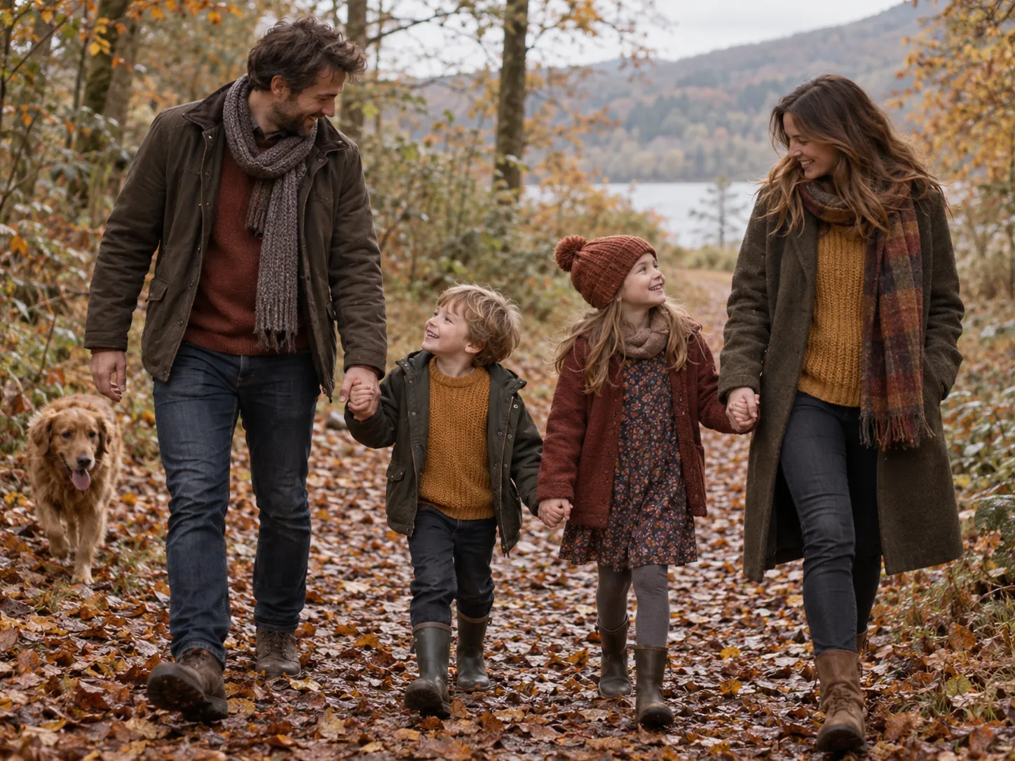Family walking along a leaf-covered path in autumn