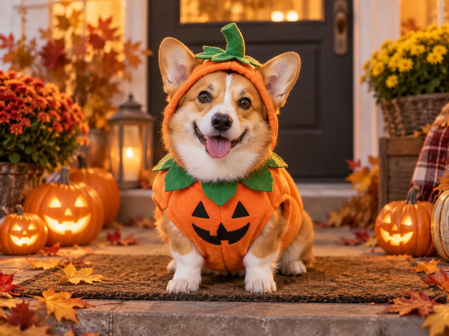 Corgi in a pumpkin costume on a Halloween doorstep