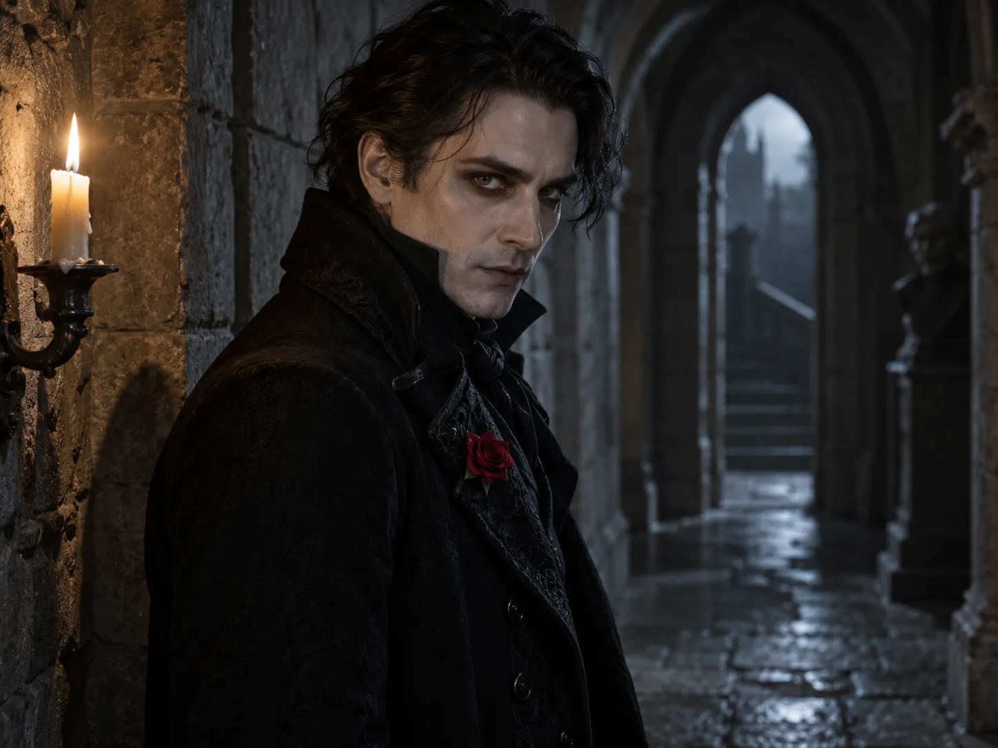 Gothic Halloween portrait in a candlelit stone corridor