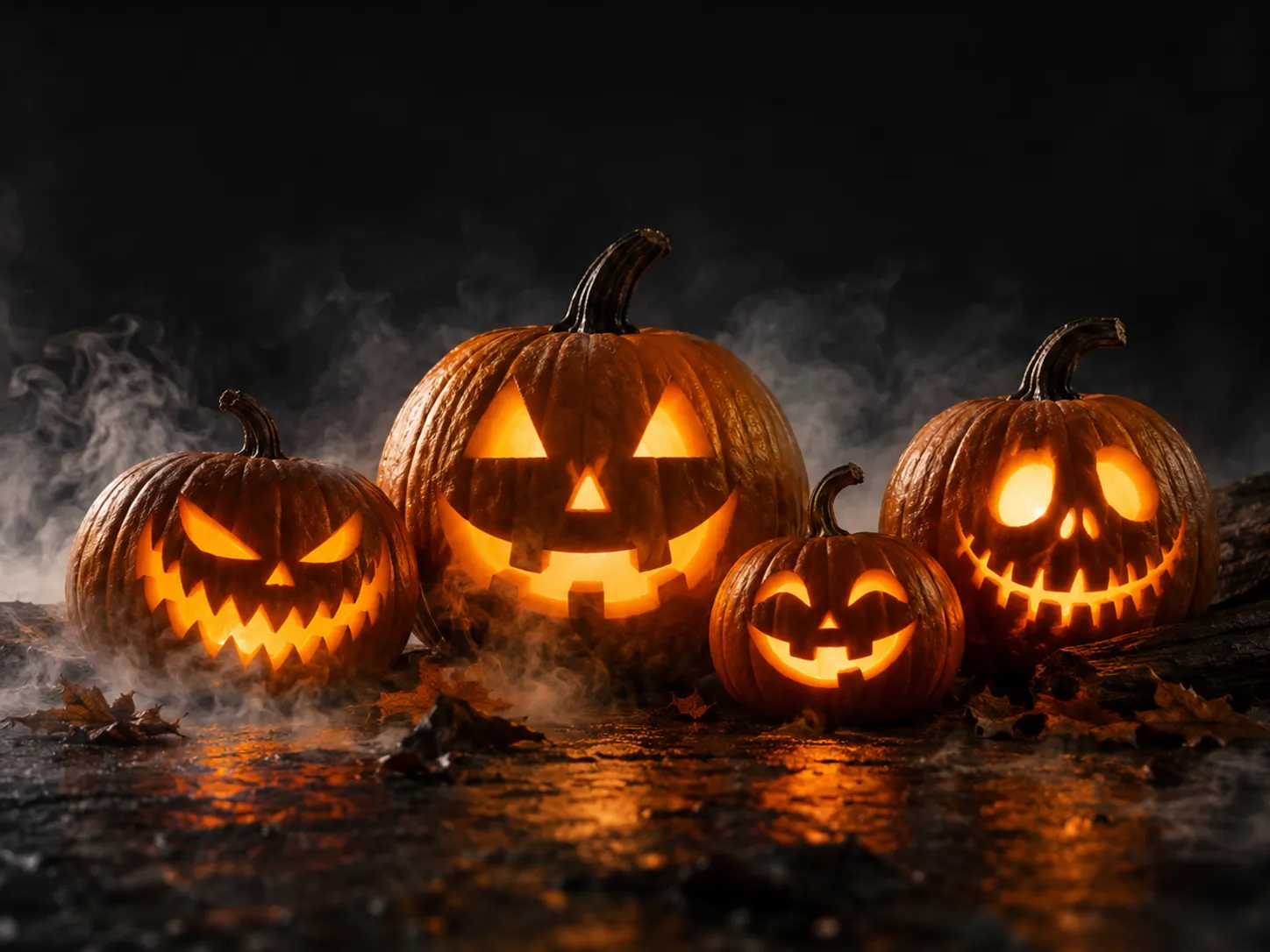 Square Halloween social graphic with carved pumpkins on dark background