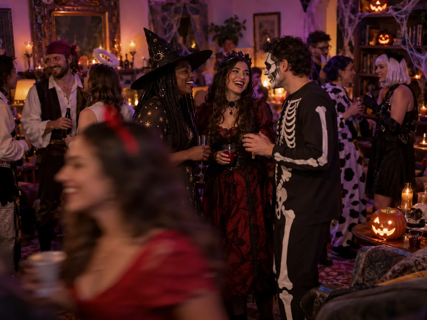 Halloween party with costumes, pumpkins, and dim colored lighting