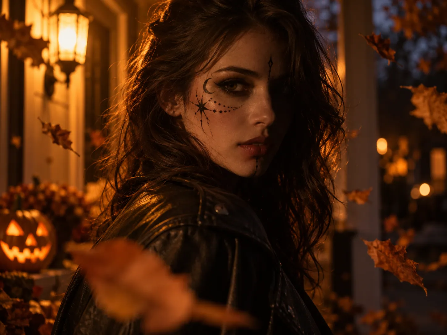Moody Halloween portrait under warm porch light
