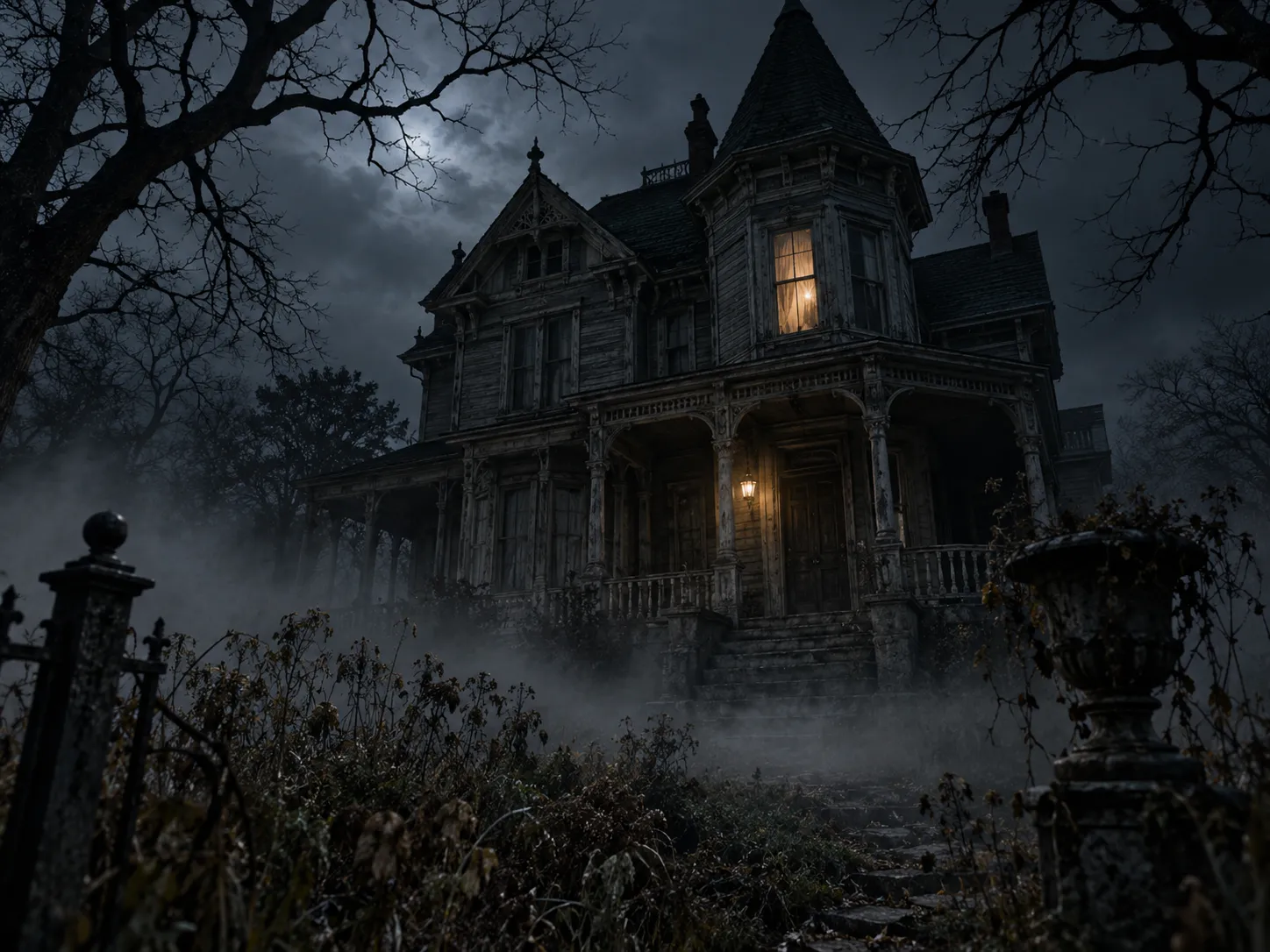Victorian haunted house at night in fog with one lit window