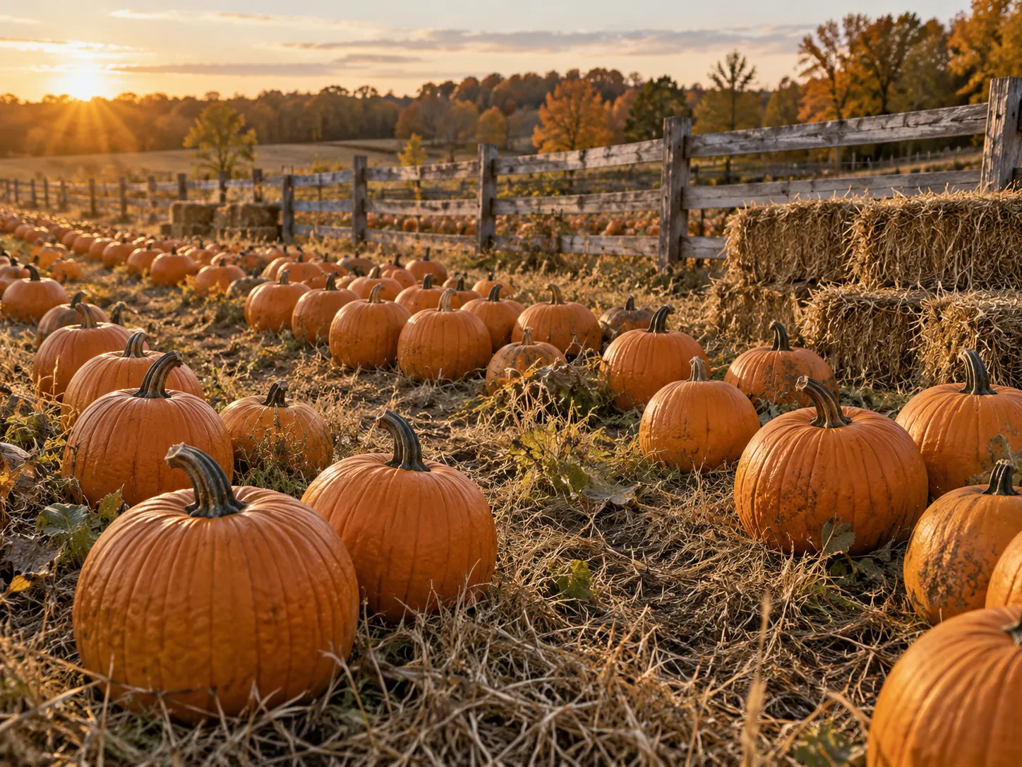 Pumpkin patch in dry grass at golden hour